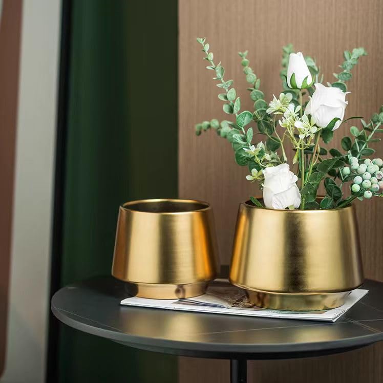 6 Inch Gold Planter Flower Pots - Decorative Indoor Succulent Plant Containers in Brass Finish (5.9