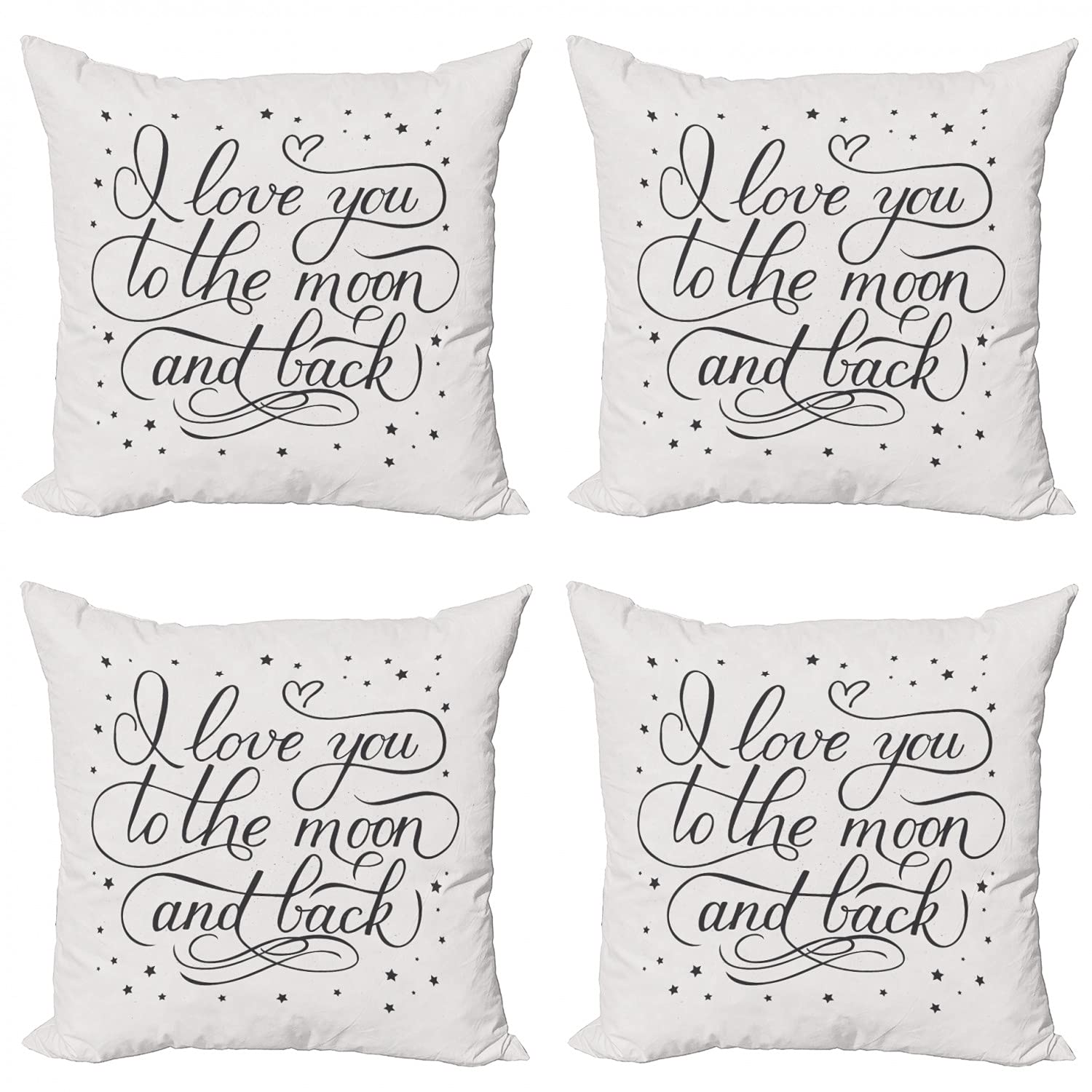 Ambesonne I Love You to The Moon and Back Throw Pillow Covers Set of 4 - 16 Inch Modern Double-Sided Printed Cushion Cases with Curlicue Affection Design in Pearl & Charcoal Grey - Perfect for Living Room, Bedroom & Nursery Decor