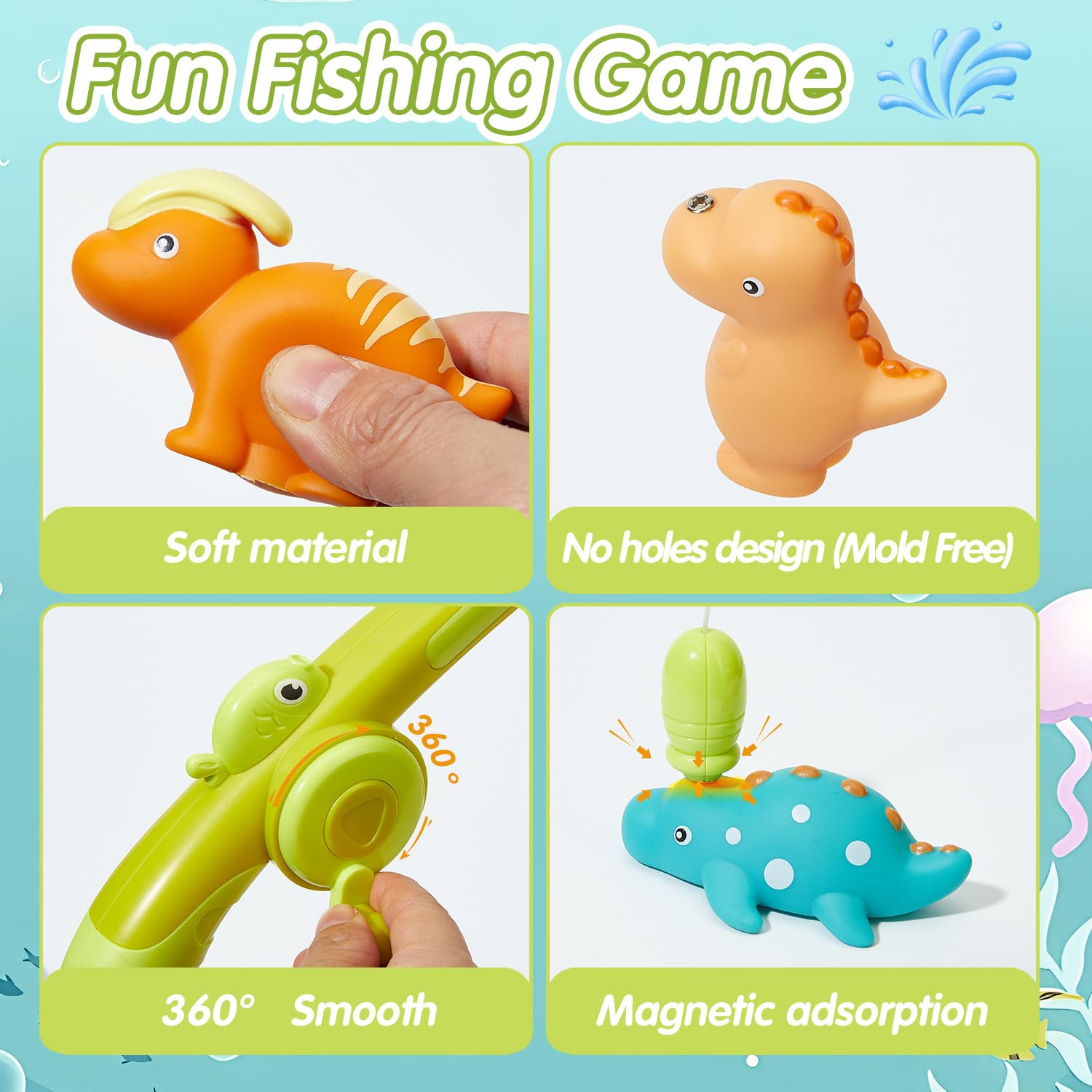 Magnetic Fishing Bath Toys for Toddlers 1-4 Years Old - 8PCS Soft Rubber Dinosaur Water Table Toys with Fishing Rod for Pool, Bathtub & Outdoor Play - Fun Learning Game for Boys & Girls Ages 1 2 3 4
