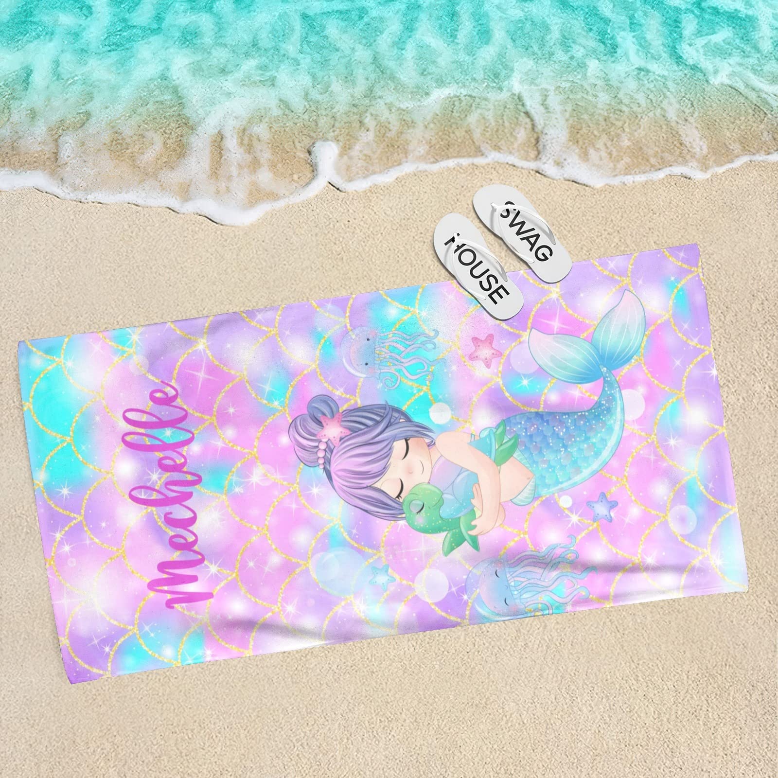 Dr.TOUGH Personalized Kids Beach Towels - Custom Name Mermaid Beach Towel for Girls, Super Soft Microfiber Quick Dry Towel (Mermaid G) | Perfect for Pool, Beach, Vacation & Summer Activities