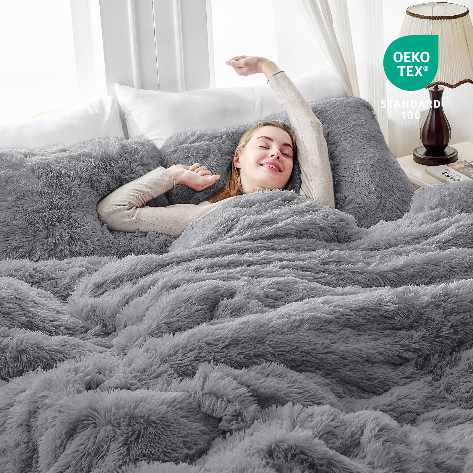 Luxury Fuzzy Plush Shaggy Duvet Cover Set King Size - 3 Piece Fluffy Comforter Cover for King Bed, Soft & Cozy Bedding Set (Grey) - Perfect for Winter Nights & Cozy Bedroom Decor