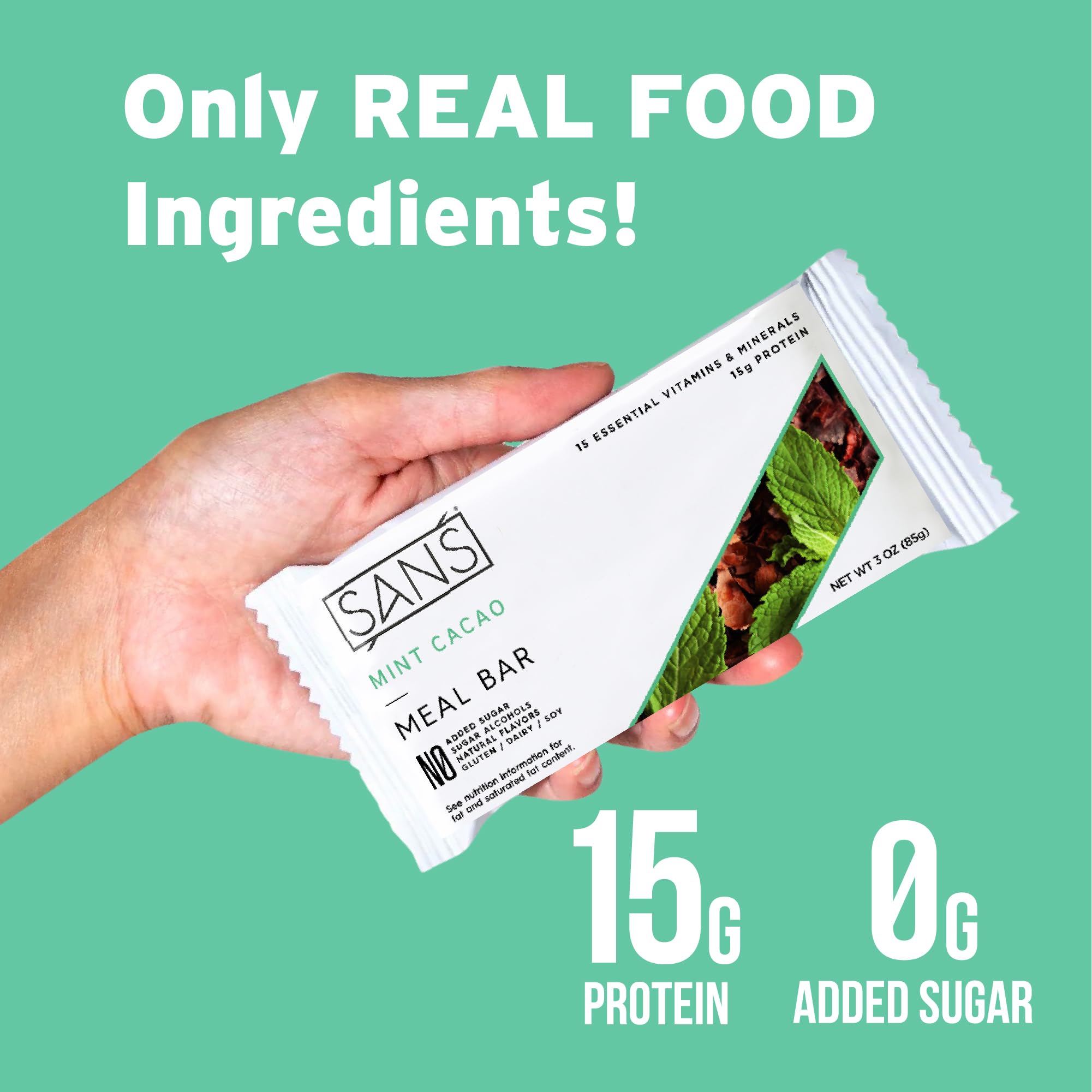SANS Meal Replacement Protein Bar - Gluten Free, High Protein & Fiber Snack, No Sugar Added, Dairy & Soy Free, Mint Cacao Flavor (12 Bars) - Perfect for Workout Recovery, Weight Loss & On-the-Go Nutrition