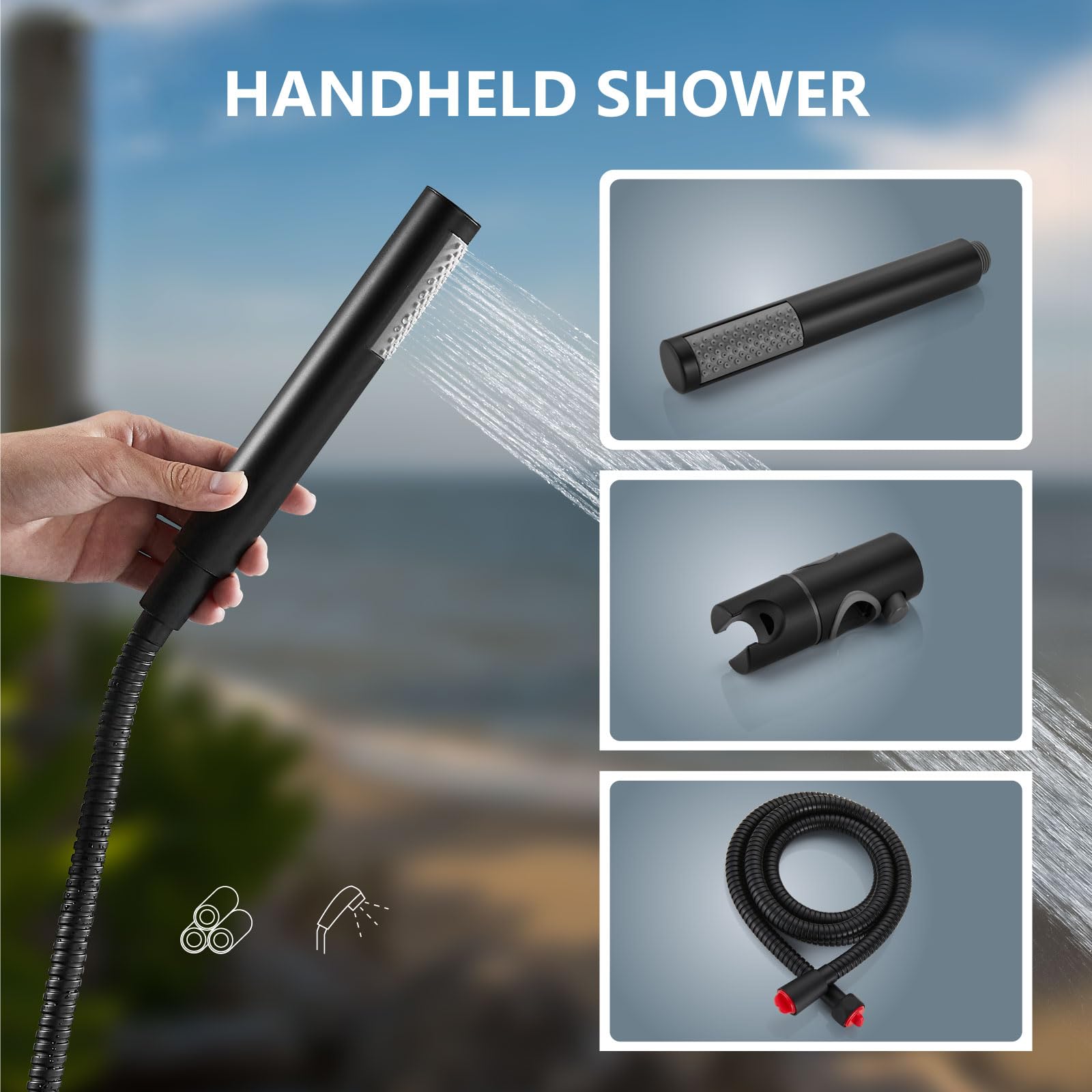 Aolemi Matte Black Wall Mount Outdoor Shower Kit with Handheld Spray - 6 Inch Center Exposed Double Handle Faucet System - Perfect for Poolside, Beach House, Garden & Backyard Use