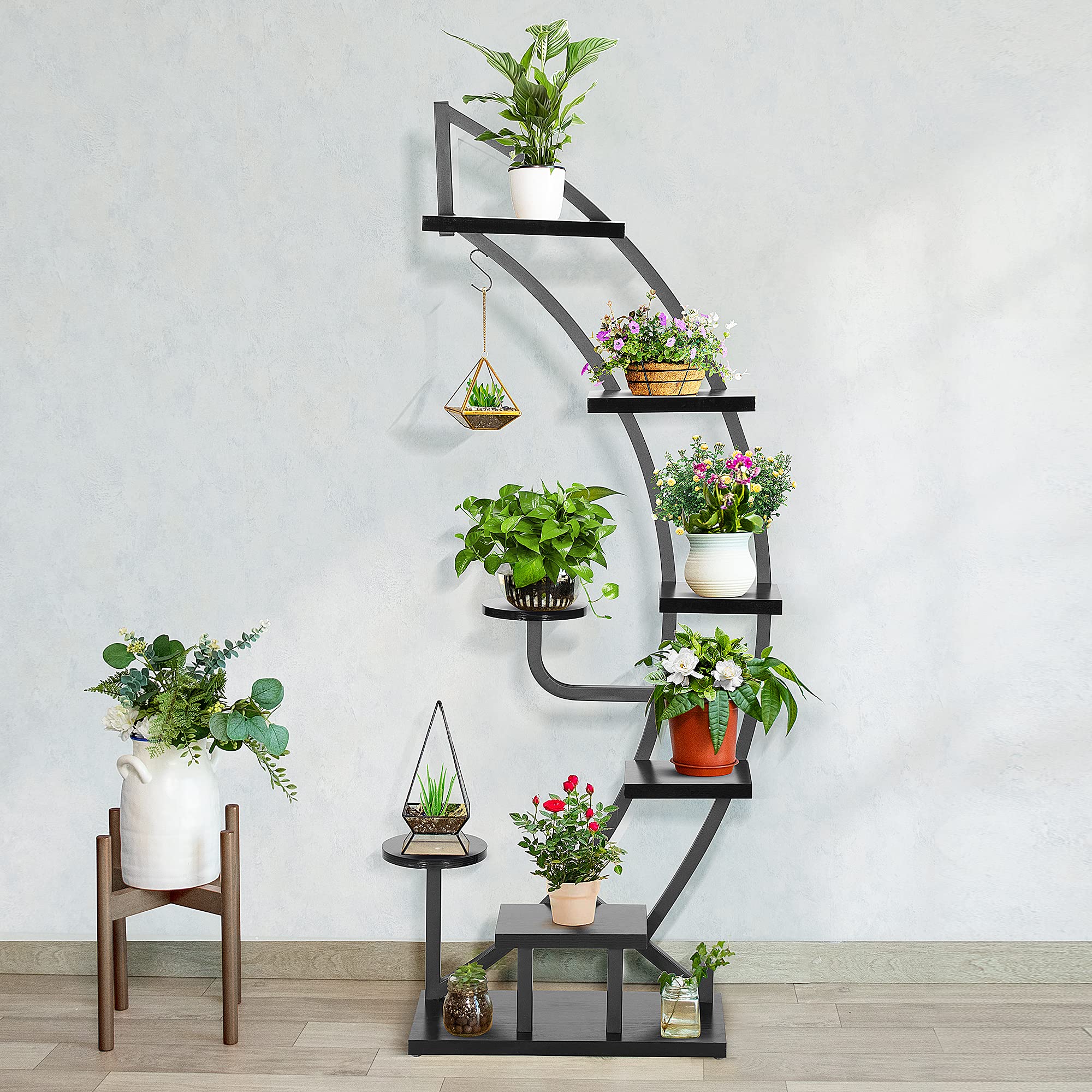 VIVOHOME 6 Tier 9 Potted Steel-Wood Plant Stand with Hanger - Curved Flower Pot Holder Shelf for Indoor Plants, Home Decor, Living Room, Balcony - Black