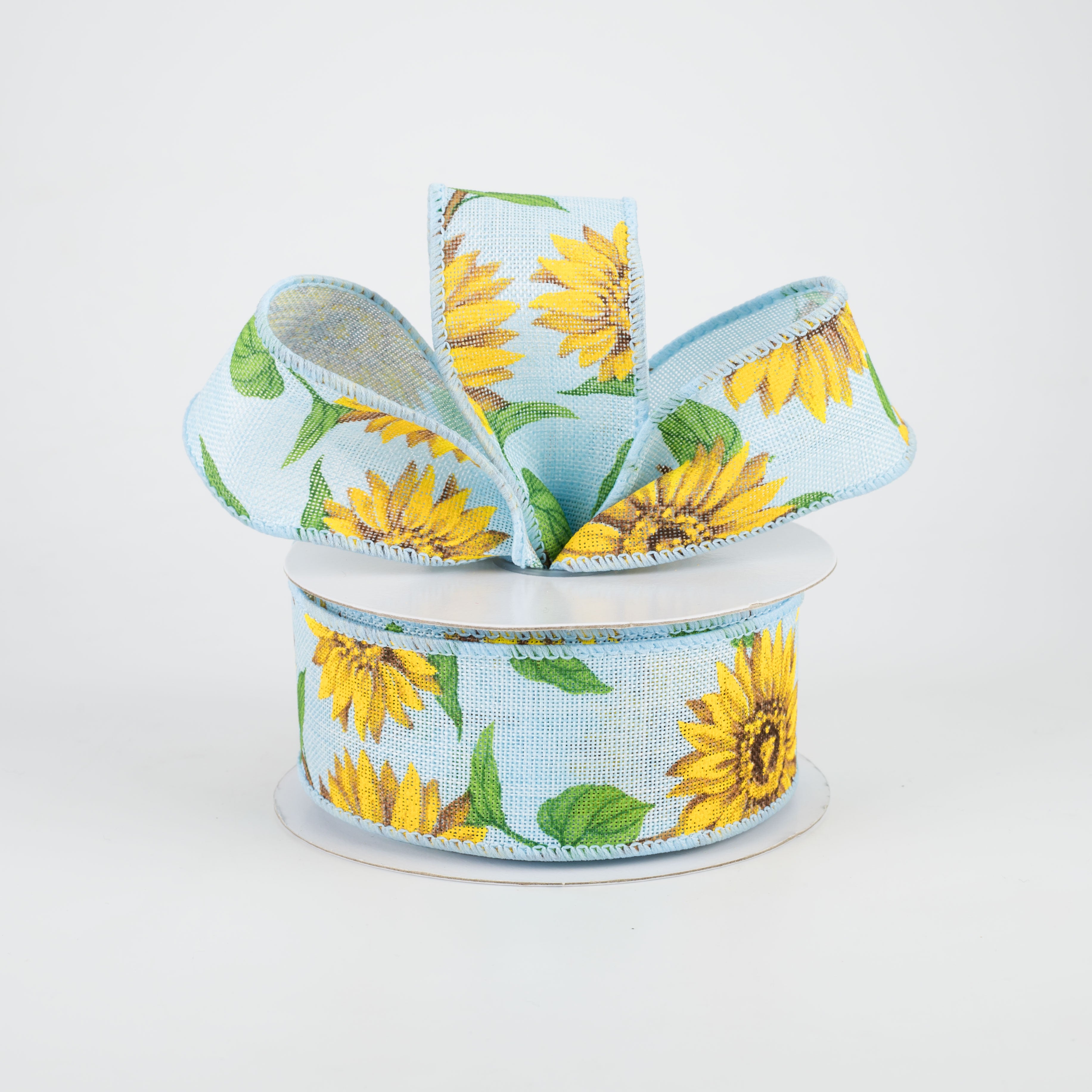 1.5 Inch Light Blue Linen Sunflower Ribbon - 10 Yards Bulk Roll for DIY Crafts, Gift Wrapping, Hair Bows, and Scrapbooking Decorations