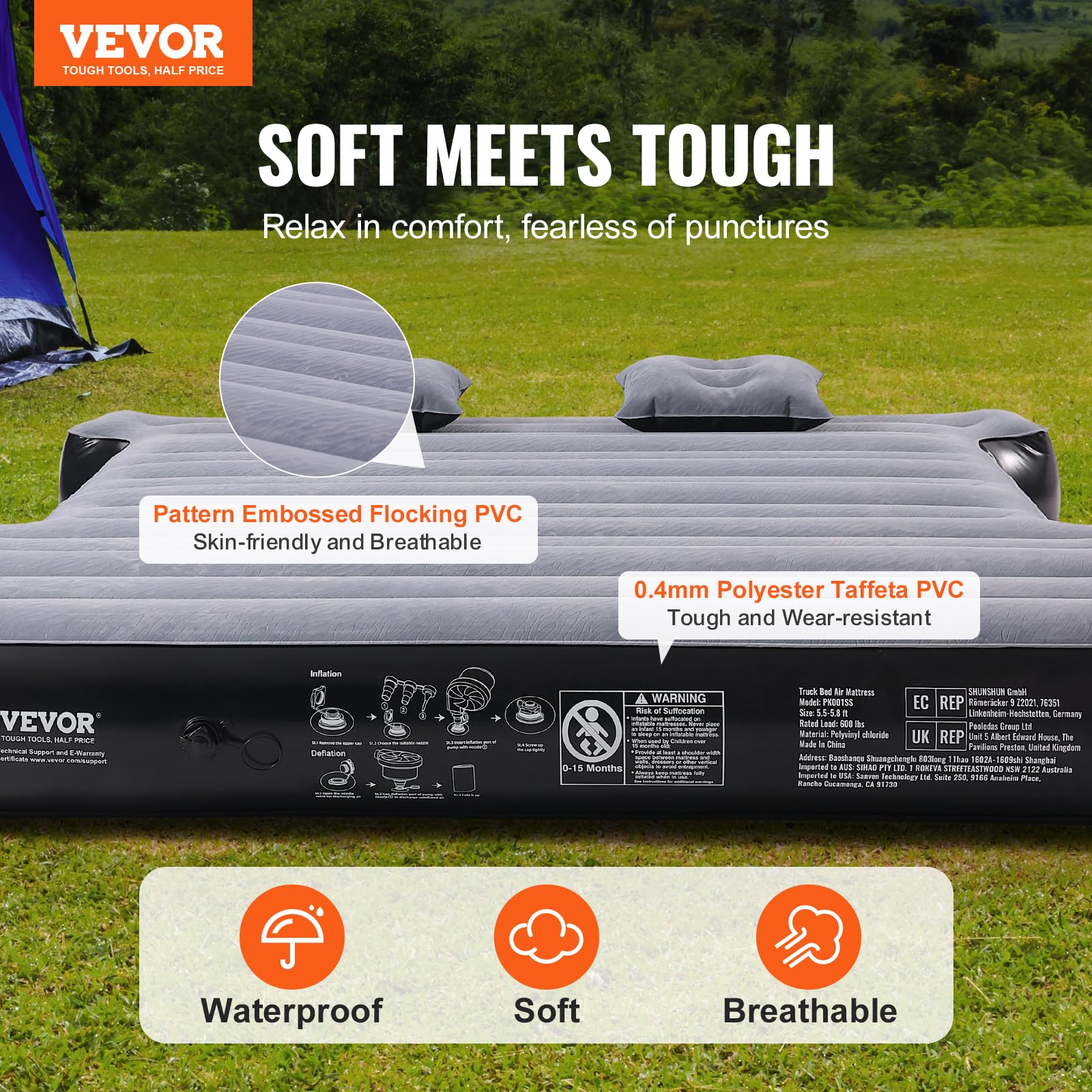 VEVOR Truck Bed Air Mattress for 5.5-5.8 ft Short Truck Beds - Inflatable Camping Mattress with 12V Air Pump, 2 Pillows & Carry Bag | Fits Silverado, RAM, F150, Sierra, Titan, Tundra | Perfect for Road Trips, Camping & Outdoor Adventures