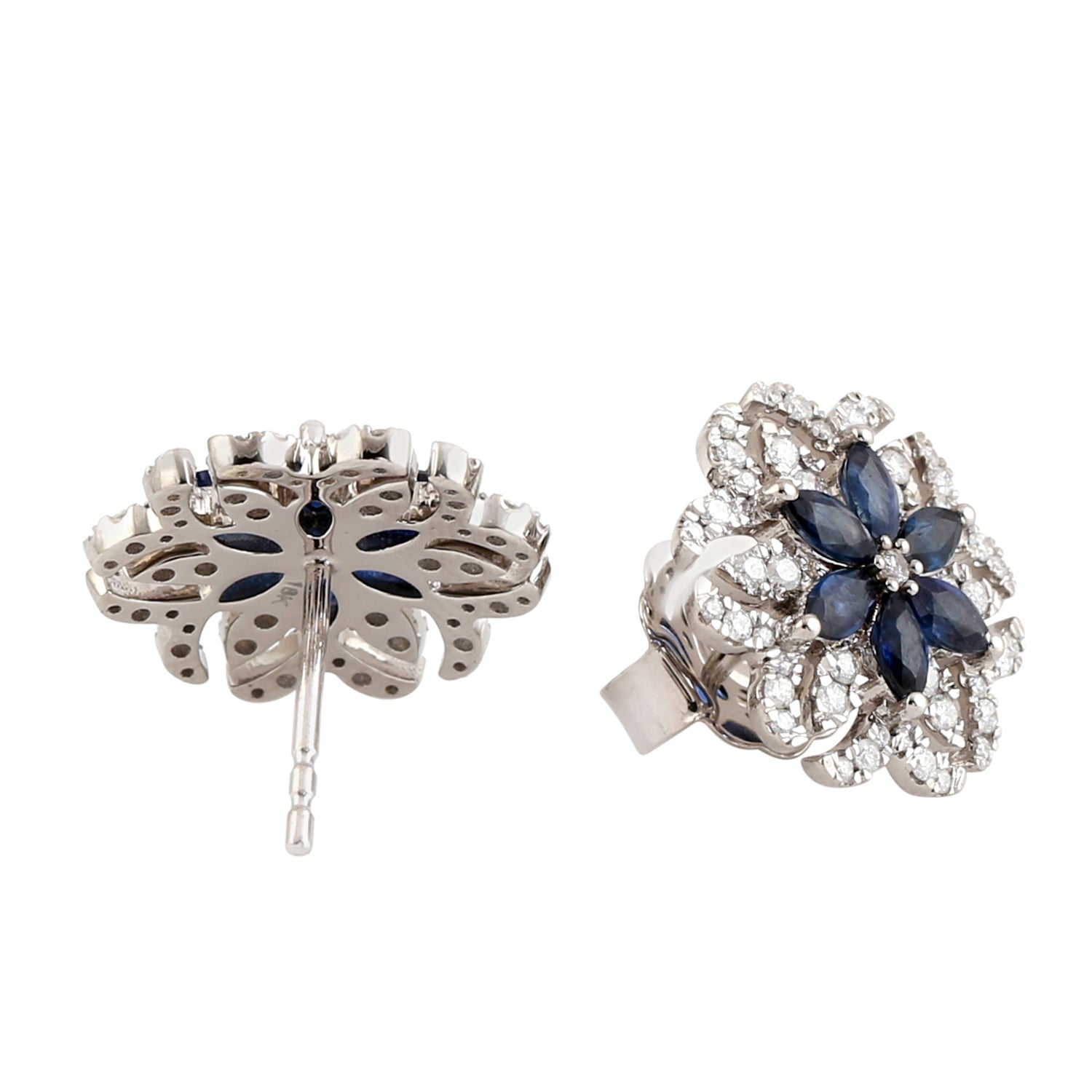 Exquisite 18K White Gold Marquise Blue Sapphire & Diamond Floral Stud Earrings for Women | Elegant Gift for Weddings, Anniversaries & Special Occasions