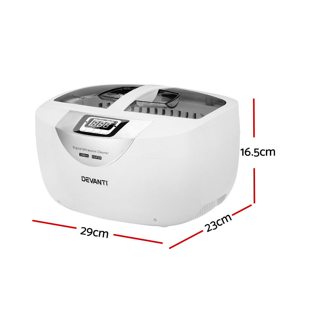 Devanti 2500ml Ultrasonic Cleaner with Heater - 70W Professional Jewelry & Eyeglass Cleaning Machine for Home and Commercial Use | Perfect for Watches, Rings, Coins, Dentures & More