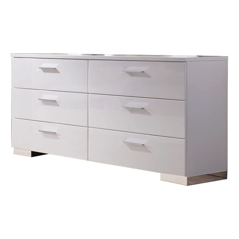 Benjara White High Gloss Finish Wood and Metal Dresser with 6 Spacious Drawers - Modern Bedroom Storage Furniture for Master Bedroom, Guest Room & Nursery Organization