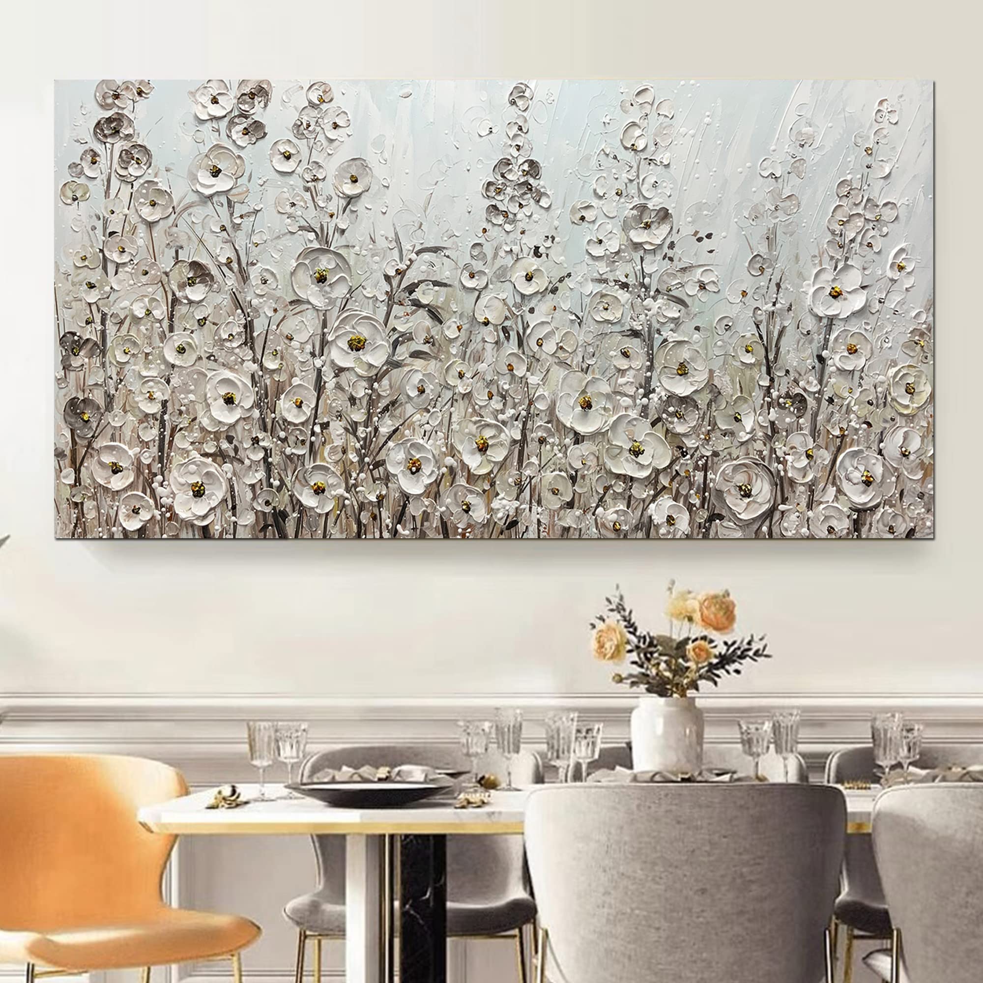 Yotree 24x48 Inch Hand-Painted White Flowers Oil Painting on Canvas - Framed Modern Floral Wall Art for Living Room & Bedroom Decor - Ready to Hang Gallery Wrapped Artwork - Perfect for Home, Office & Wedding Gift