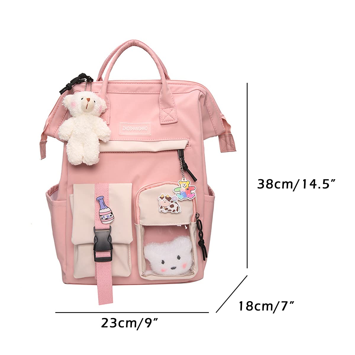 Cute Kawaii Backpack for Girls & Women - Bear Pin Accessories, Lightweight Laptop Bookbag for College & High School, Durable Black Backpack - Perfect for School, Travel & Everyday Use
