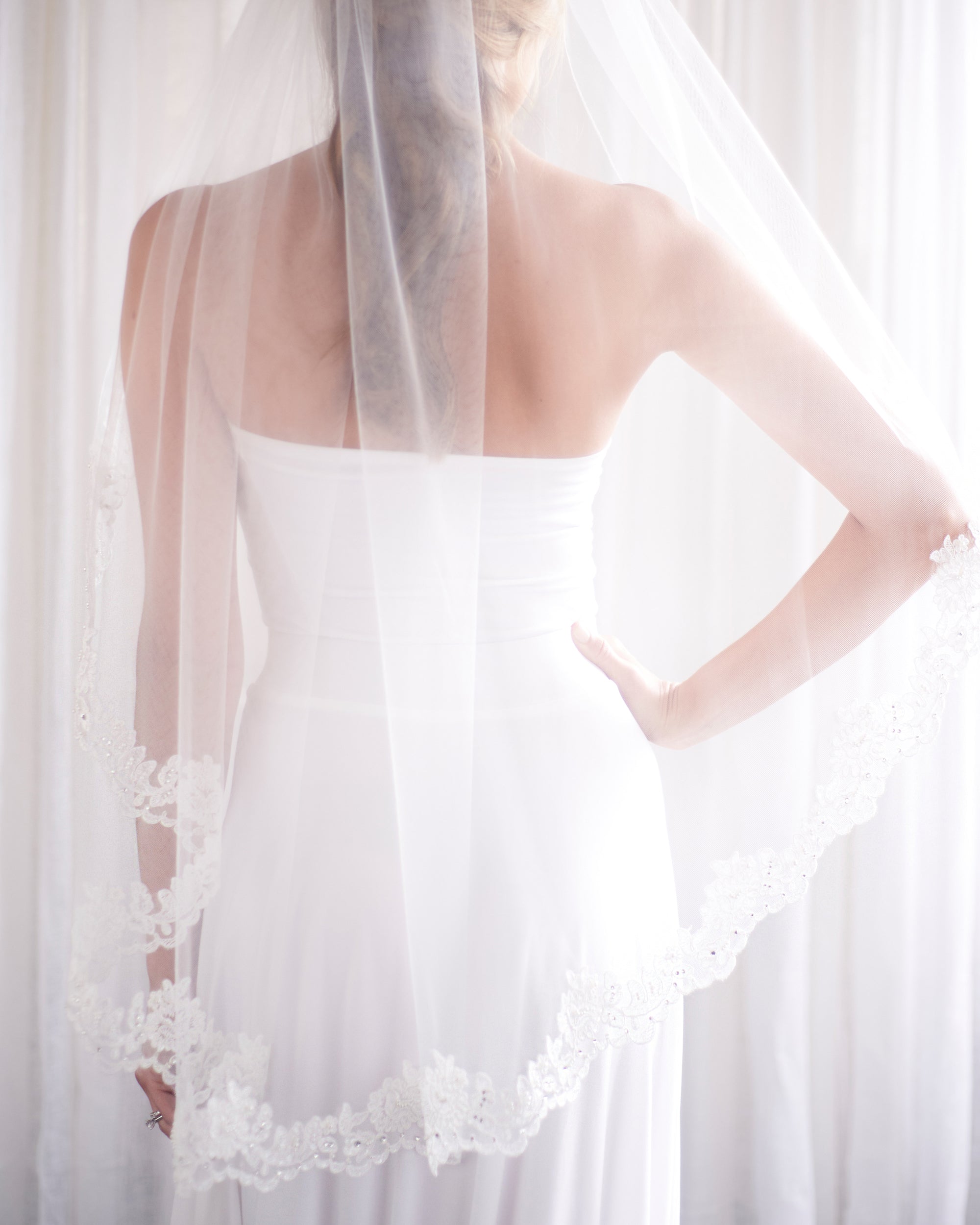 Elegant Sasha Lace Wedding Veil with Beaded Edge - Perfect for Bridal Ceremony, Photoshoot & Special Occasions