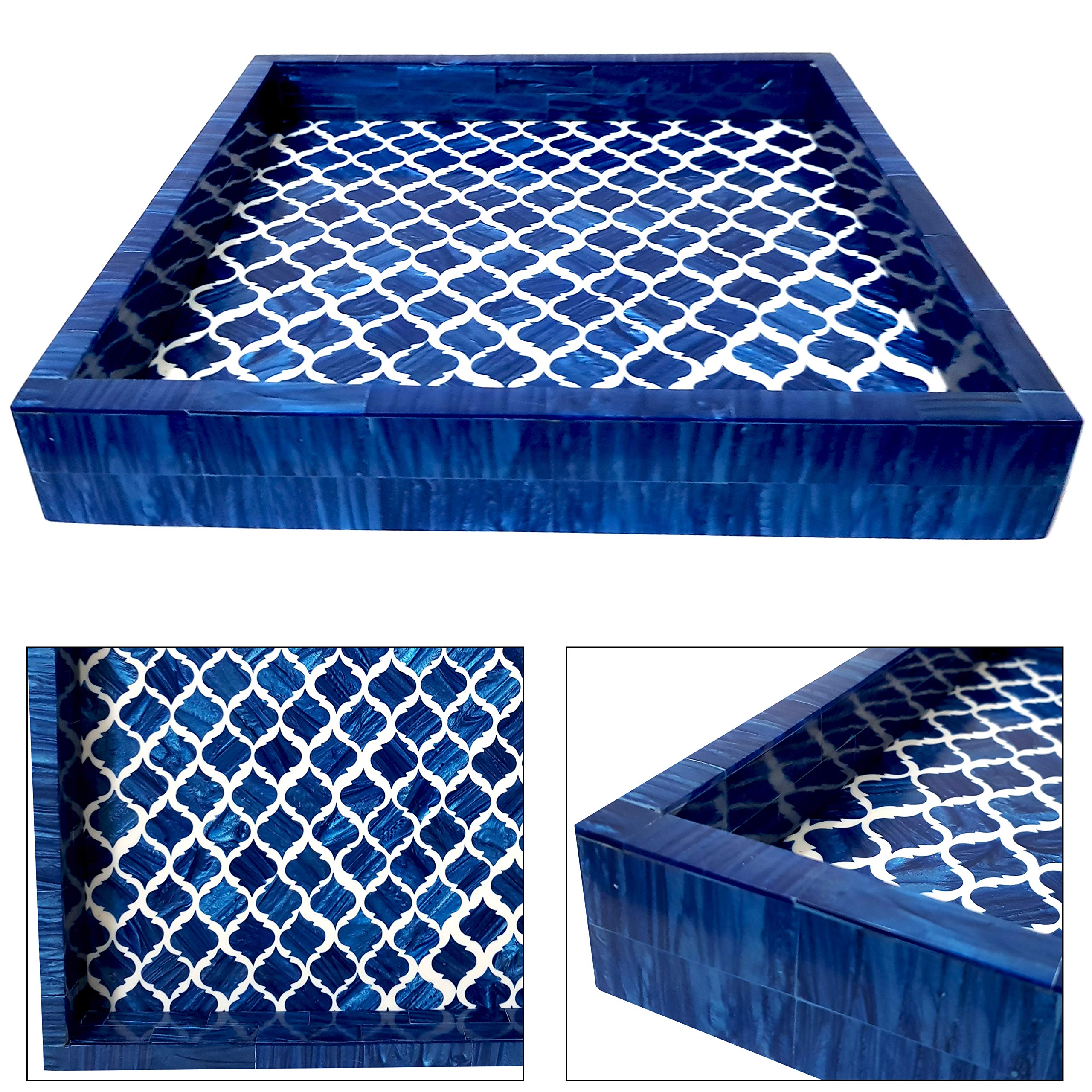 Handmade Bohemian Style Blue & White 12x12 Inch Moroccan Square Bone Inlay Serving Tray - Perfect for Home Decor, Jewelry Display & Bathroom Vanity Organizer