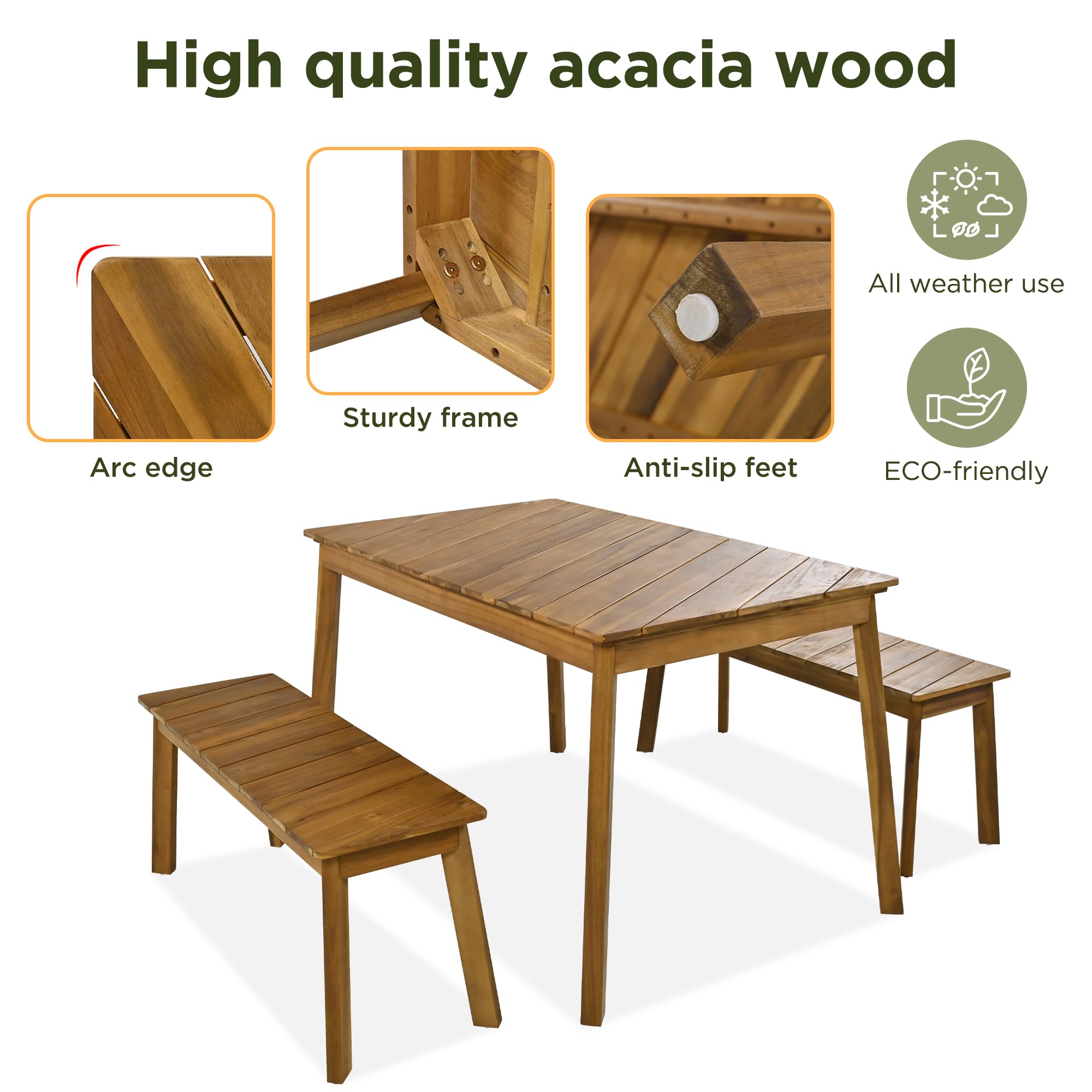 LZ LEISURE ZONE 3-Piece Acacia Wood Outdoor Dining Set with 2 Benches - Patio, Garden, Poolside & Indoor Furniture - Perfect for Backyard BBQ, Picnics & Outdoor Entertaining
