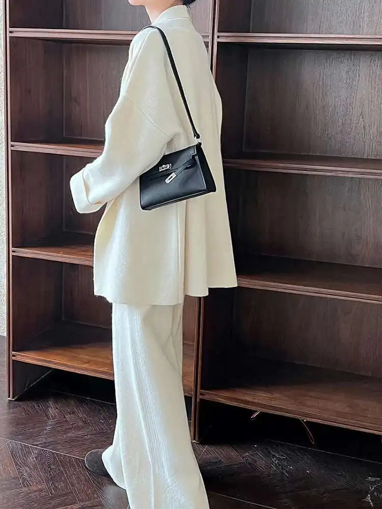 2025 Women's Fashion Big Size Sweater Wide Leg Pants Three Piece Suit - V Neck Long Sleeve Outfit for Spring & Autumn | Plus Size Office Wear, Casual Chic Look