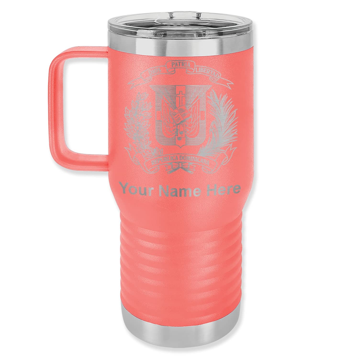 LaserGram 20oz Vacuum Insulated Stainless Steel Travel Mug with Handle - Personalized Dominican Republic Coat of Arms Engraving, Coral Color | Perfect for Coffee, Tea & Hot/Cold Drinks On-The-Go, Office, Commuting & Outdoor Activities