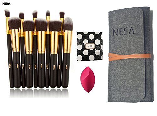10-Piece Makeup Brush Set with Sponge & Travel Mirror - Perfect for Travel, Home, and Professional Makeup Application