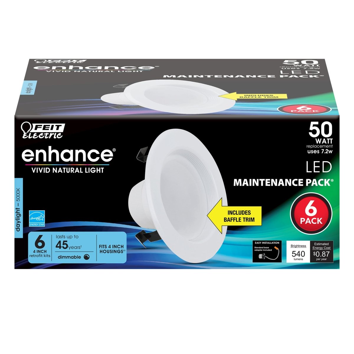 4 Inch LED Recessed Downlight - 7.2W Energy Saving, 540 Lumens Bright Light, Standard Base Adapter - Perfect for Kitchen, Living Room, Bedroom and Office Lighting