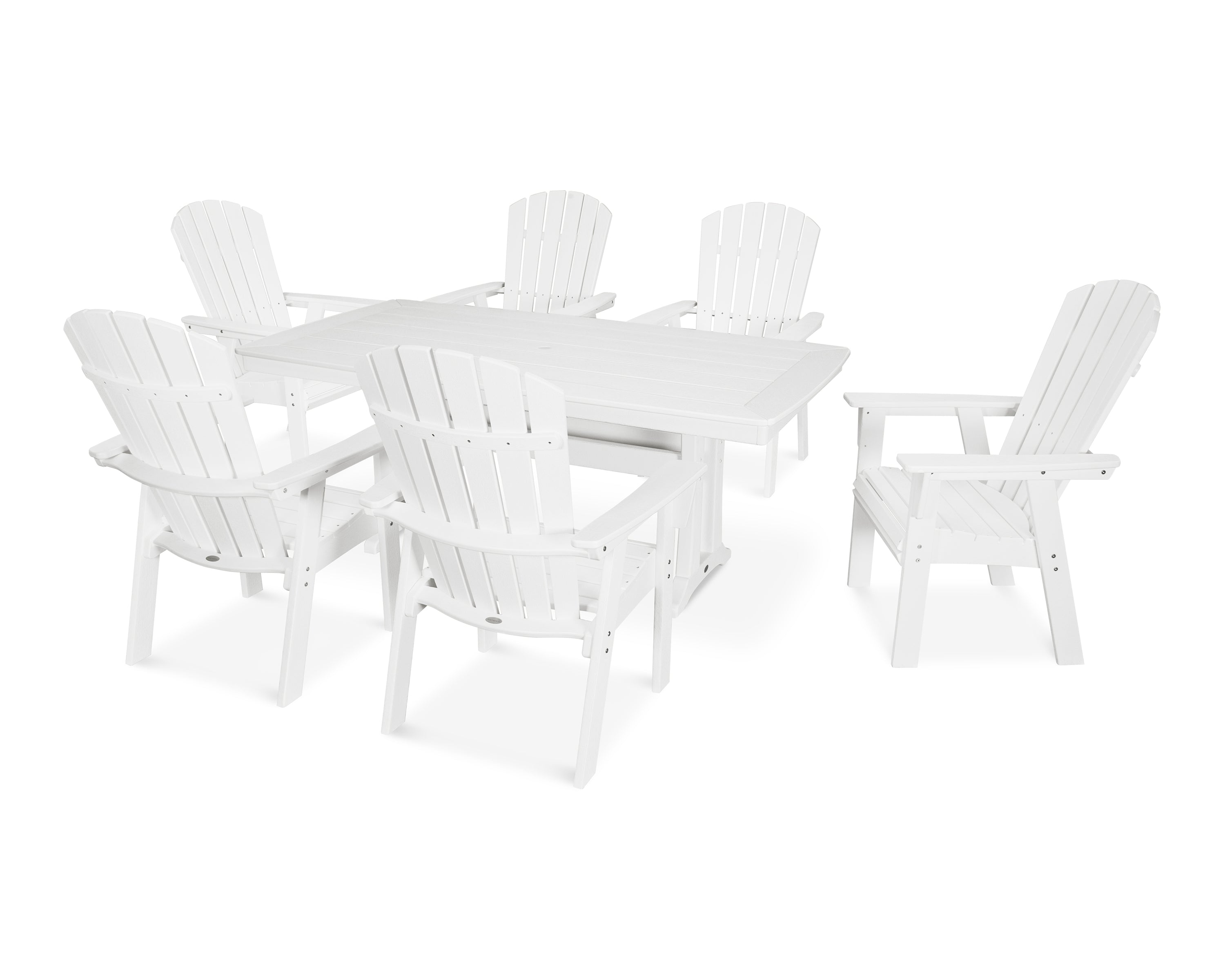 POLYWOOD Nautical Curveback Adirondack 7-Piece Outdoor Dining Set with Trestle Legs - Perfect for Patio, Poolside, and Beachfront Entertaining