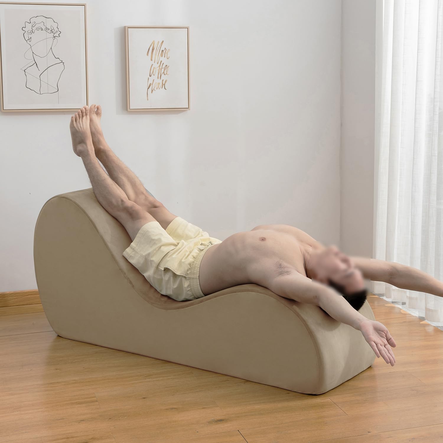 Premium Velvet Yoga Chaise Lounge Chair for Stretching & Relaxation - Non-Slip Bottom with Side Pockets & Removable Cover - Perfect for Couples, Adults & Home Yoga Practice in Bedroom, Living Room or Studio (Beige)