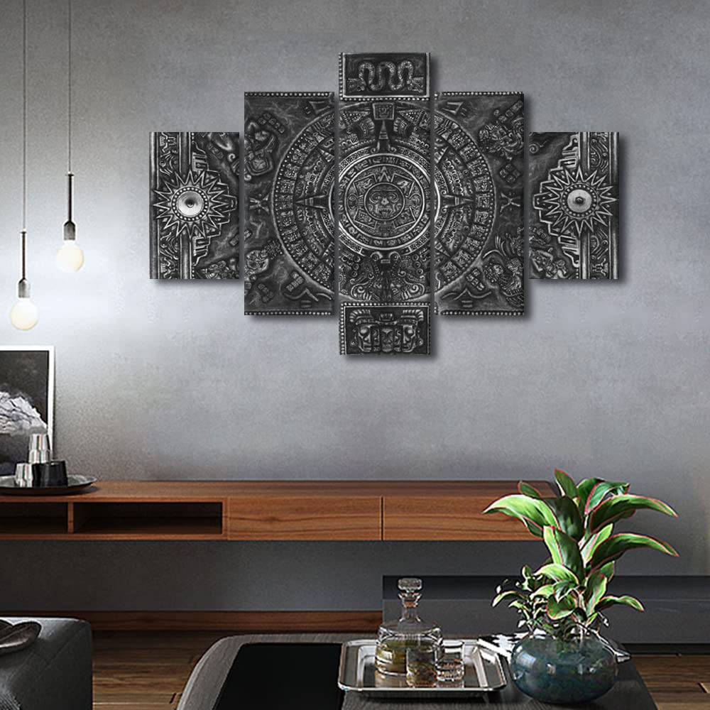 Aztec Calendar Wall Art - Black & White Vintage Canvas Prints (5-Piece Set, 60