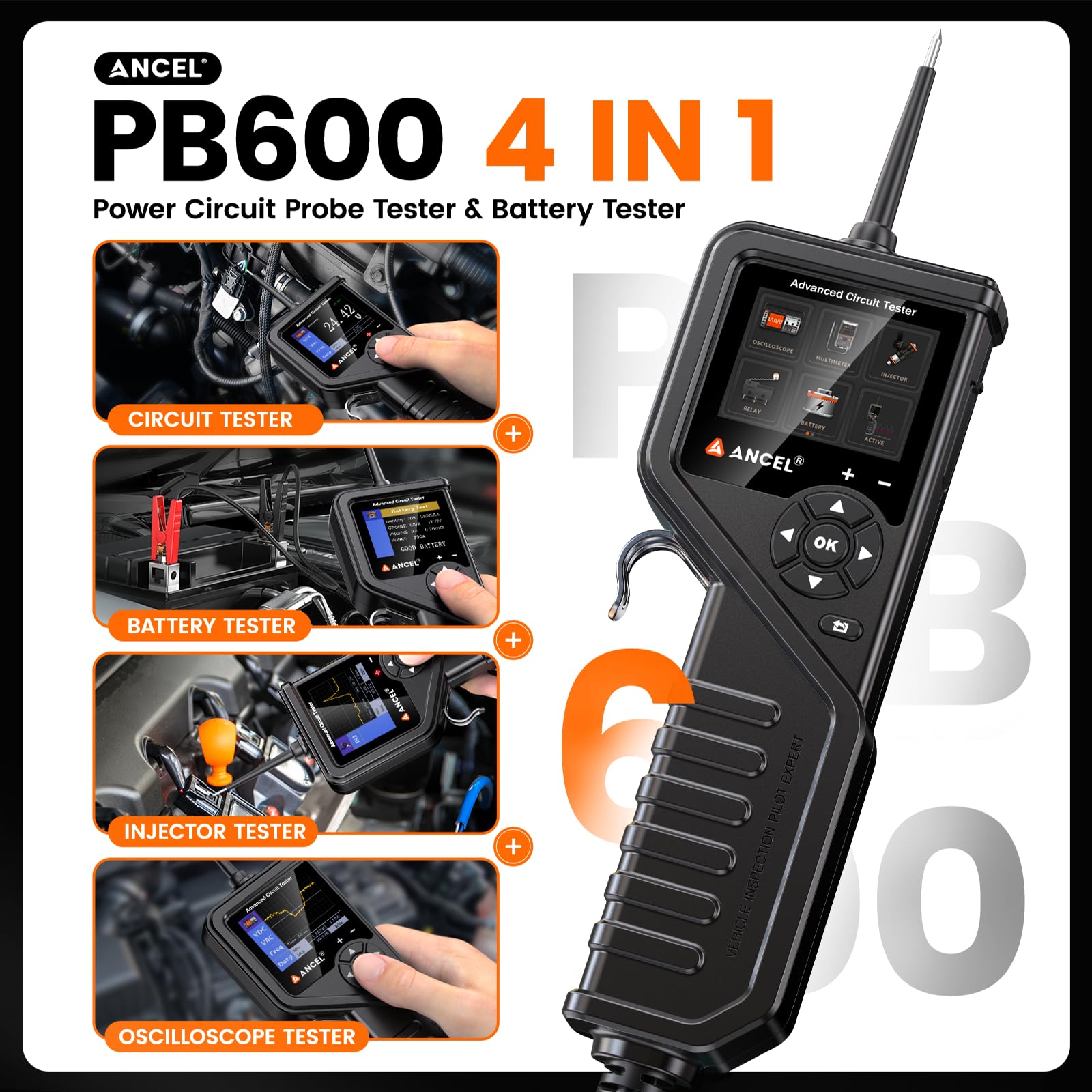 ANCEL PB600 Automotive Electrical Circuit Tester Kit - 8-35V Power Probe with Battery, Relay & Injector Test, 30FT Cable, Multimeter & Oscilloscope Functions | Perfect for Car Diagnostics, Truck Repair & DIY Electrical Testing