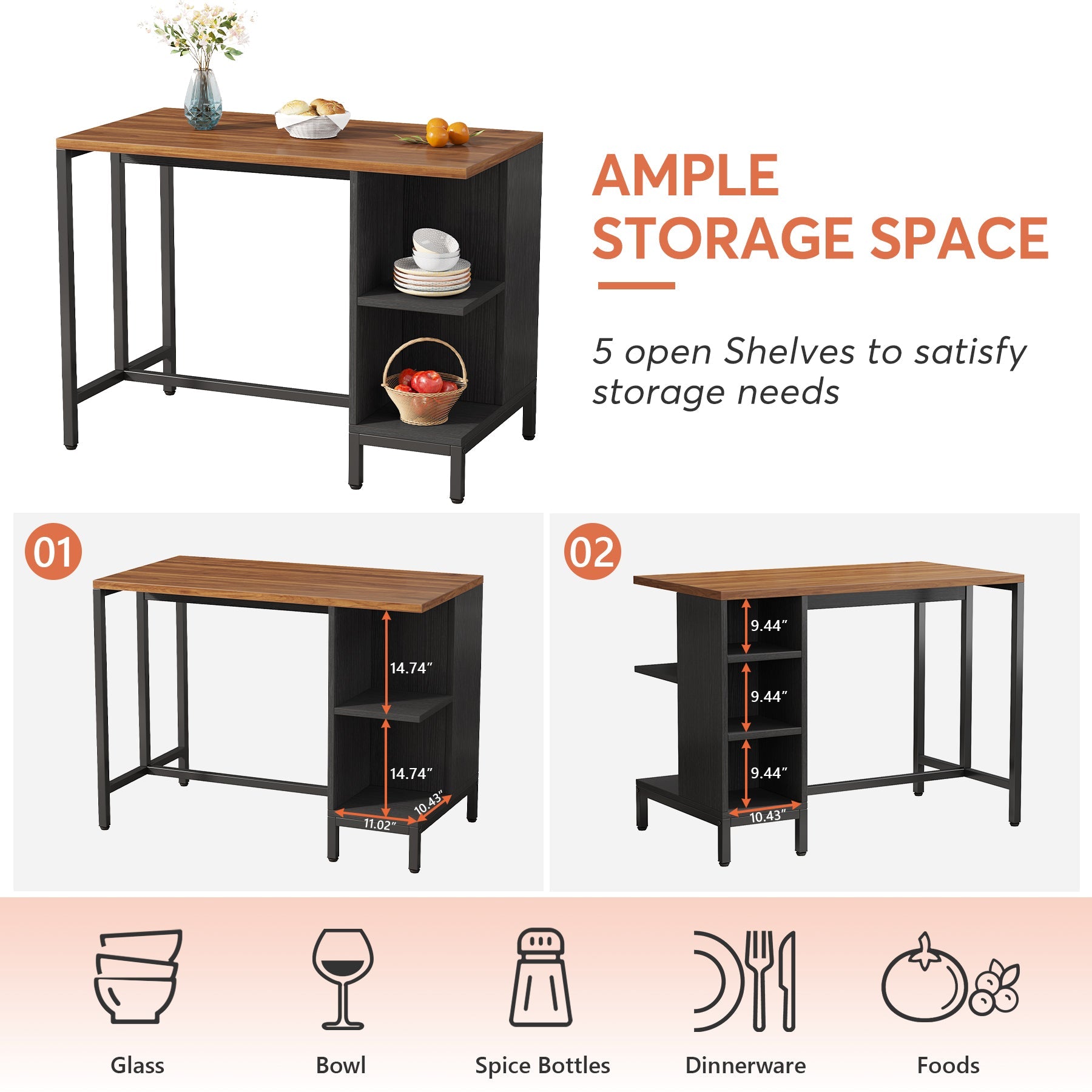 43-Inch Kitchen Island with 5 Open Shelves - Sturdy Counter Table for Food Prep, Storage & Dining | Perfect for Small Kitchens, Breakfast Nooks & Open Concept Living Spaces