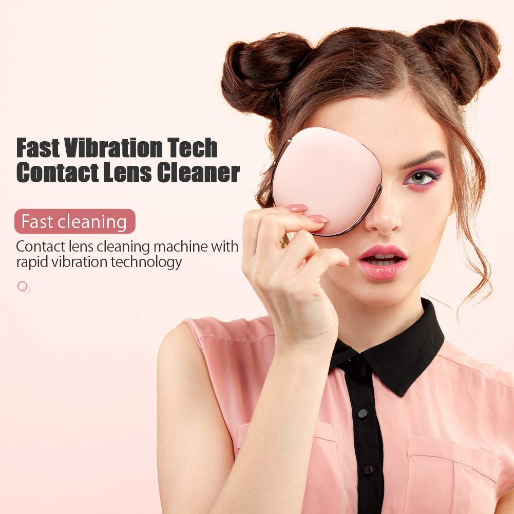 OFONE Rechargeable Contact Lens Cleaner Case - Fast Vibration Cleaning with Mirror & Remover Applicator | Portable Lens Cleaning Machine for Travel, Home & Daily Use | Pink (Ideal for Soft & Hard Lenses)