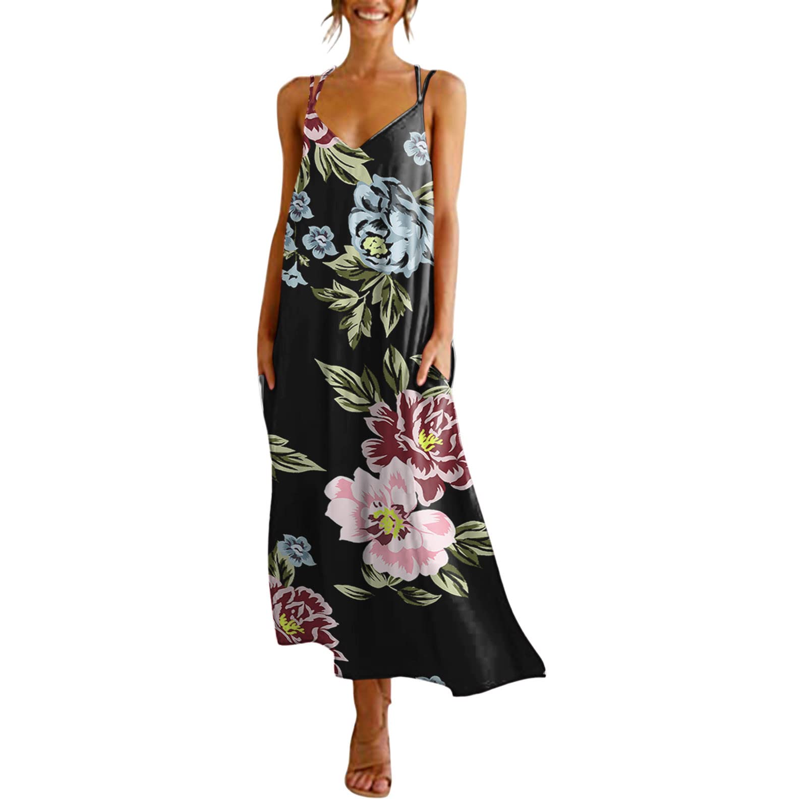 Plus Size Stretch Backless Sleeveless V-Neck Dress with Pockets & Suspenders - Summer Beach Dress for Women | Perfect for Vacations, Parties & Casual Outings
