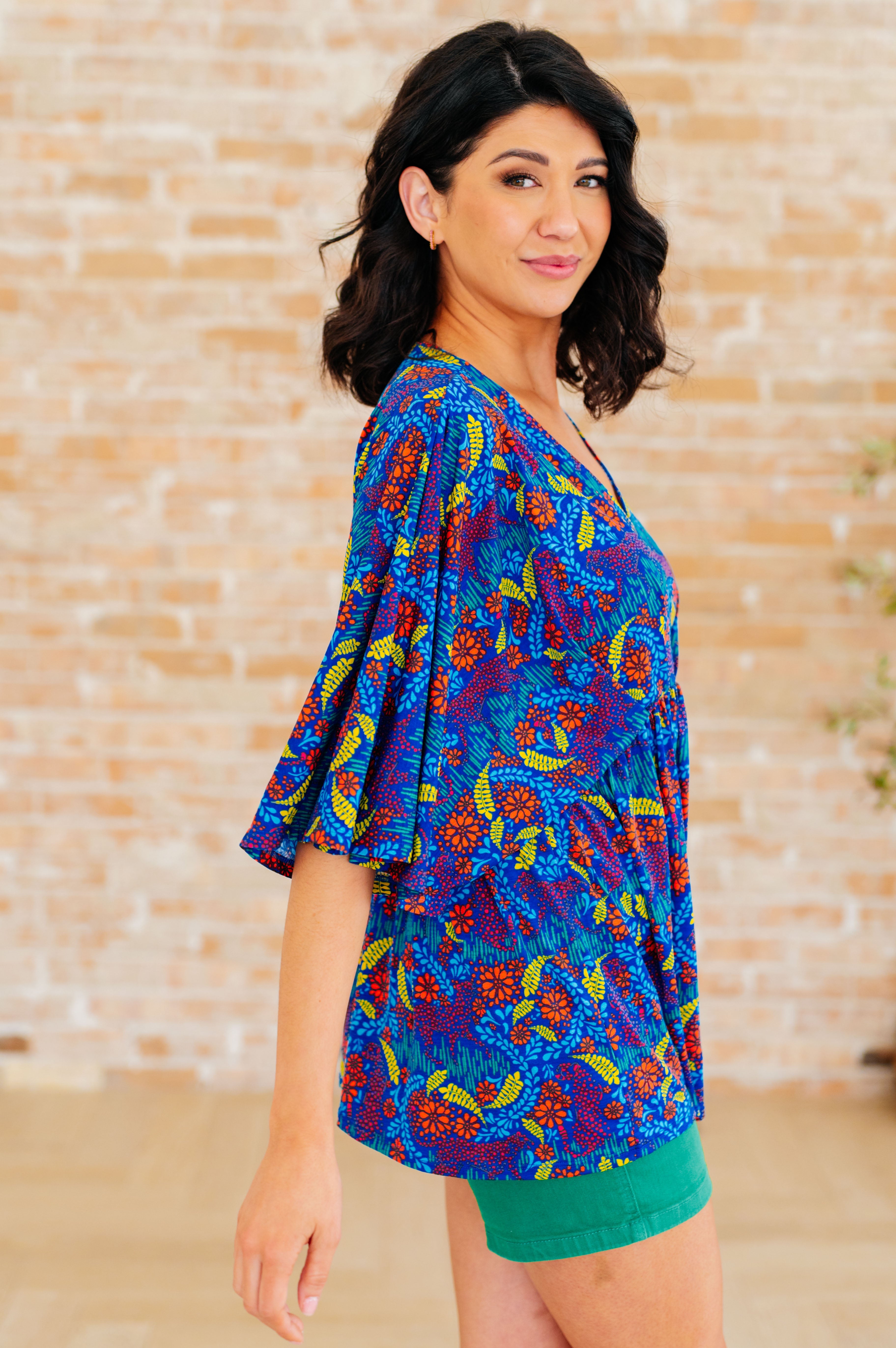Dreamer Peplum Top - Royal & Red Abstract Print Women's Blouse for Casual Wear, Office & Party Outfits