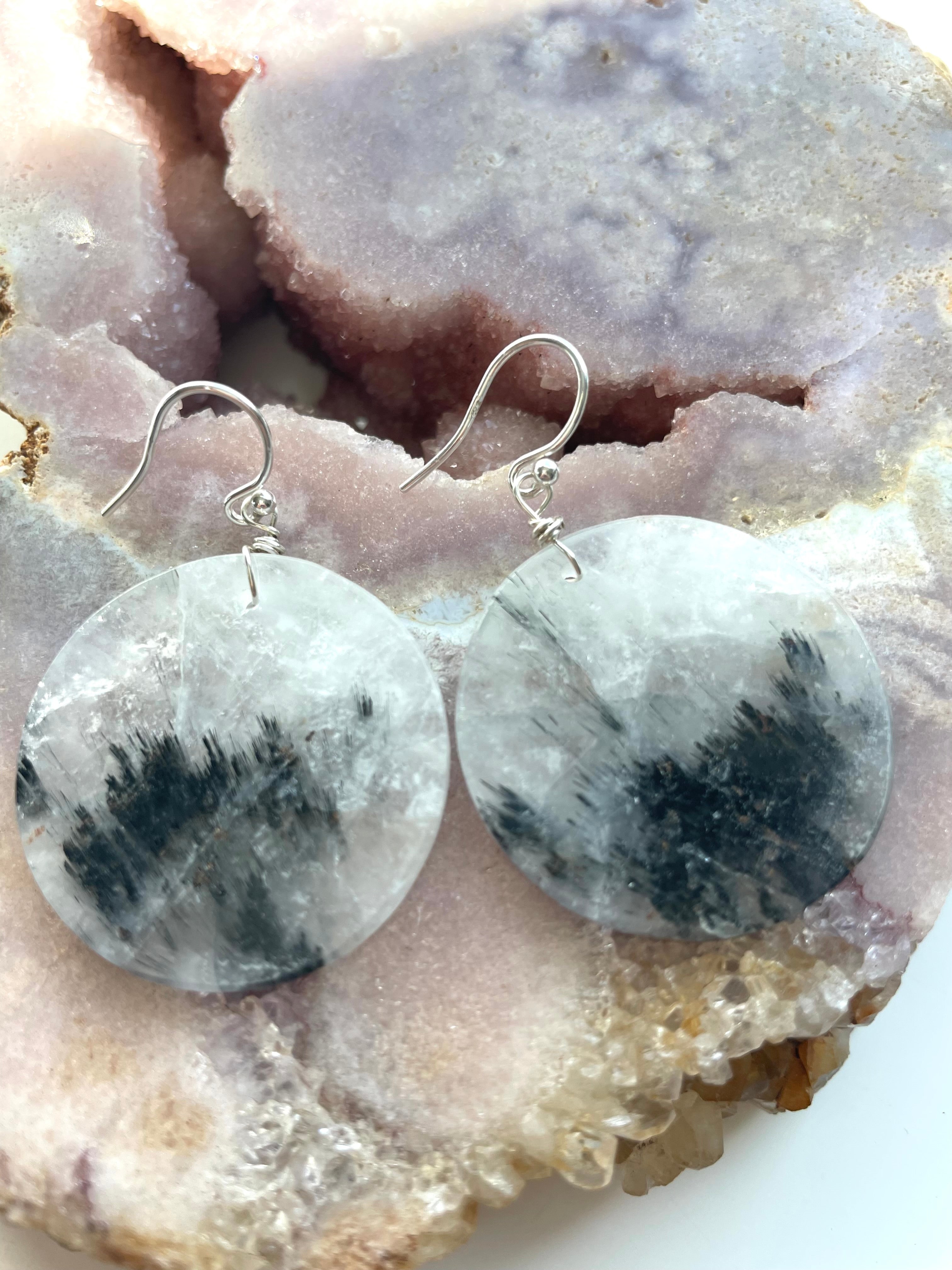 Black Tourmaline in Quartz Statement Earrings - Healing Crystal Jewelry for Women, Elegant Dangle Earrings for Daily Wear & Special Occasions