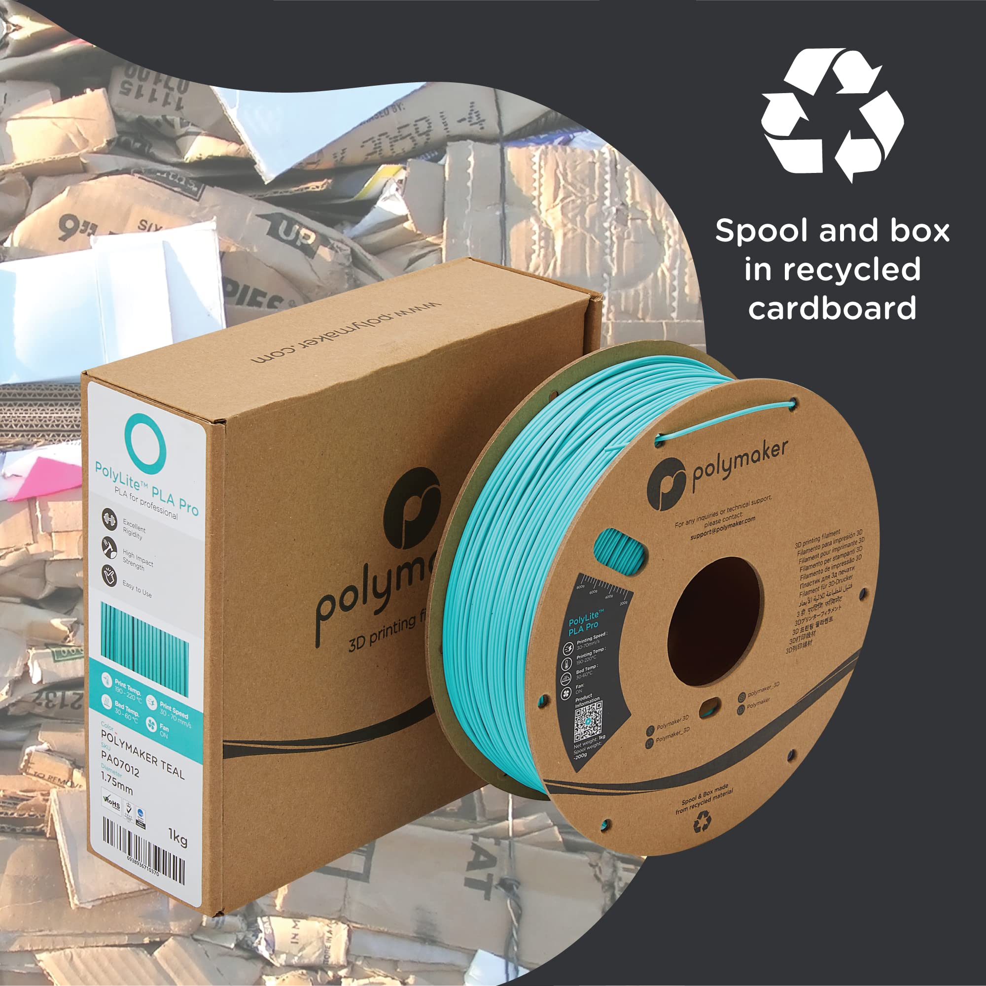 Polymaker PLA PRO Filament 1.75mm Teal - High Strength 3D Printer Filament 1kg Spool, PolyLite PLA PRO Tough & Rigid Filament for 3D Printing - Perfect for Prototyping, DIY Projects, and Creative Models