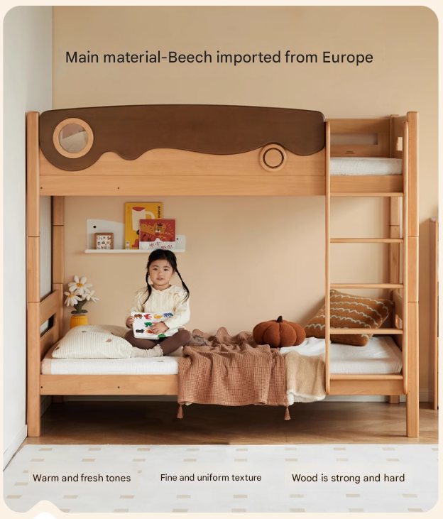 Solid Beech Wood Bunk Bed with Guardrails - Sturdy & Safe for Kids' Bedroom, Dormitory, or Guest Room
