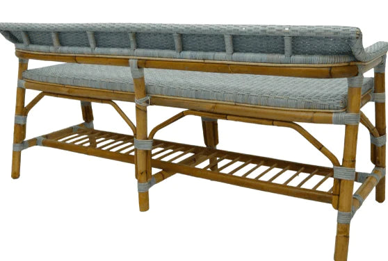 Coastal Blue Woven Bench - Handmade Rattan Outdoor Bench with Cushion - Perfect for Patio, Garden, Poolside & Beach House Decor