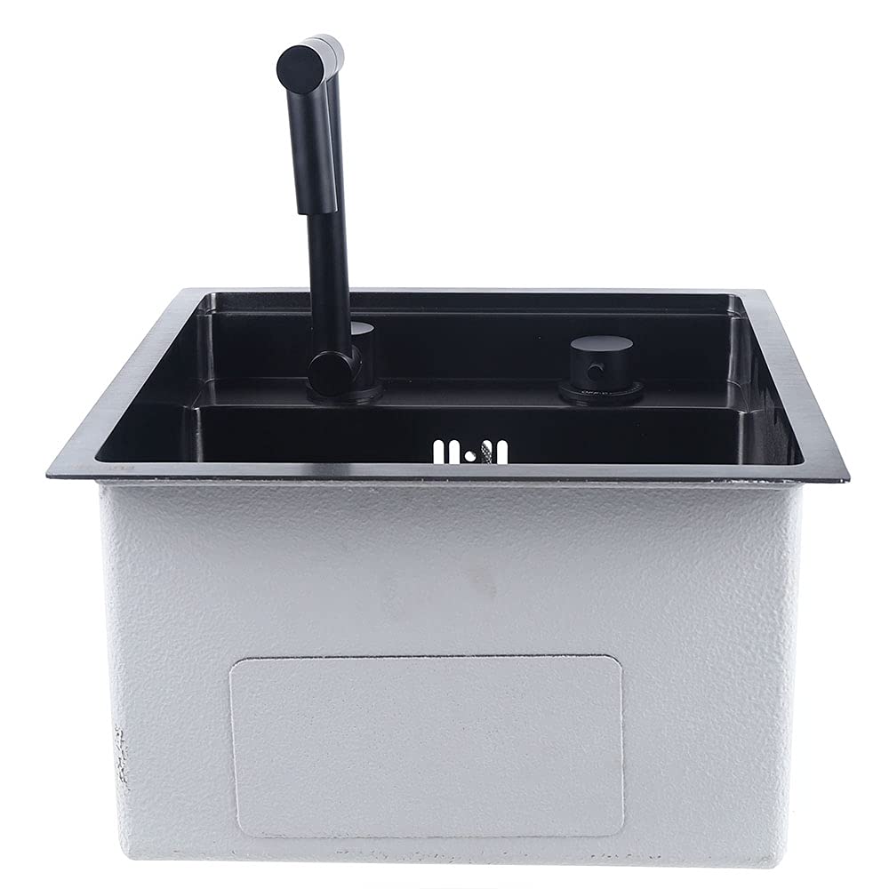 TBVECHI 14-Inch Black Undermount Single Bowl Kitchen Sink with Faucet - Stainless Steel Bar Sink for Drop-in Installation - Perfect for Small Kitchens, Bars, and Outdoor Cooking Areas