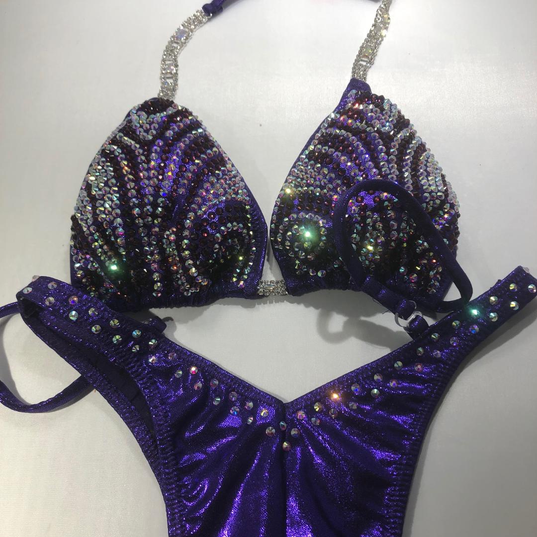 Purple Haze Ab & Amethyst Crystal Rhinestone Fitness Bikini - Competition Posing Suit for Bodybuilding & Physique Shows | Perfect for Stage Performances & Gym Photos