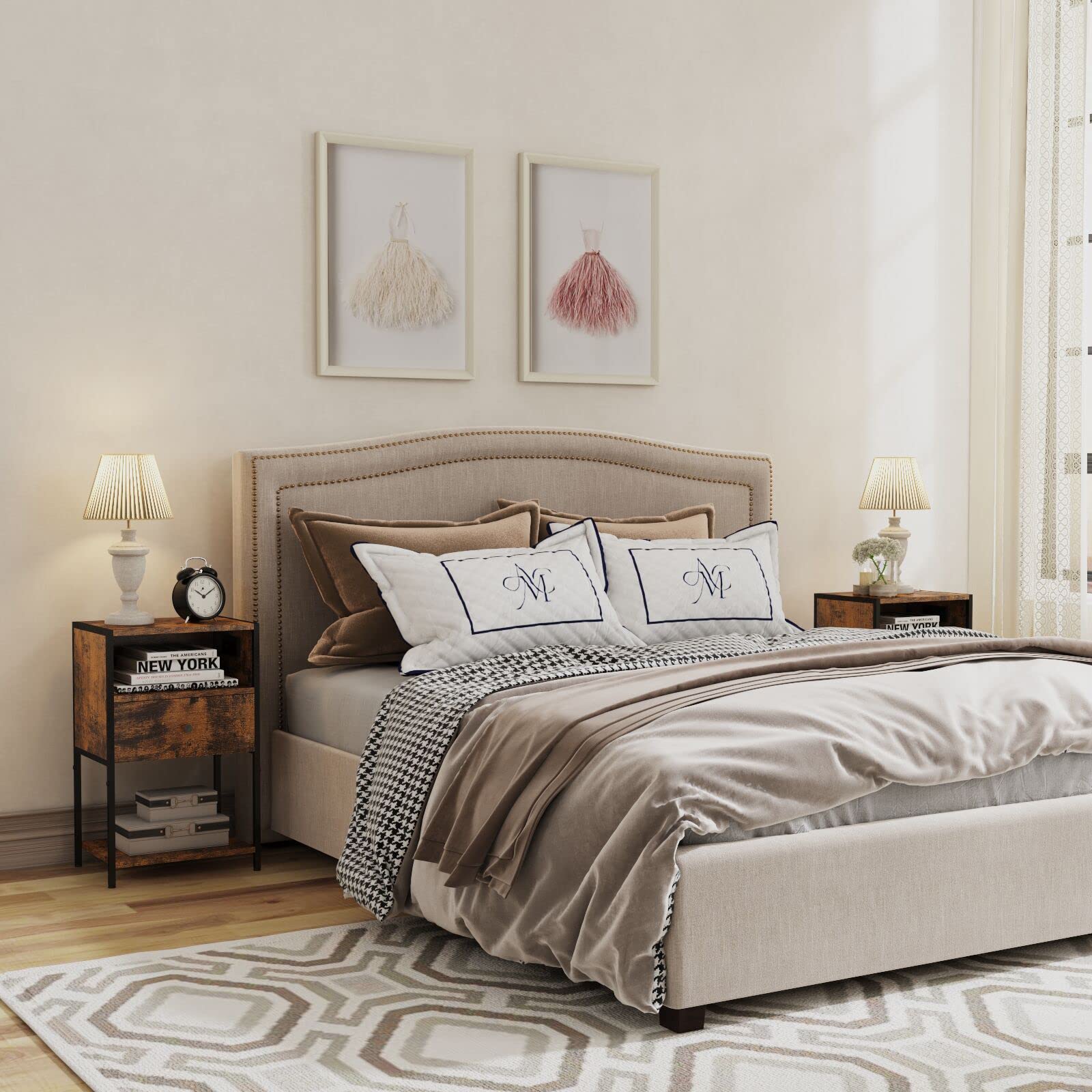 Modern Nightstand with USB Charging Station & Drawer - Rustic Brown Bedside Table with Open Storage Shelf - Perfect for Bedroom, Living Room or Office