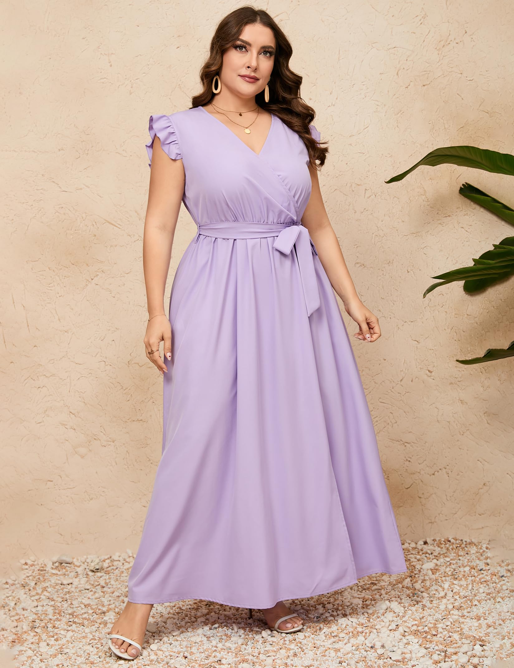 ShopWonder Plus Size Wrap V-Neck Maxi Dress - Women's Sleeveless High Waist Summer Casual Dress with Belt & Side Split | Perfect for Beach Vacations, Date Nights & Summer Parties