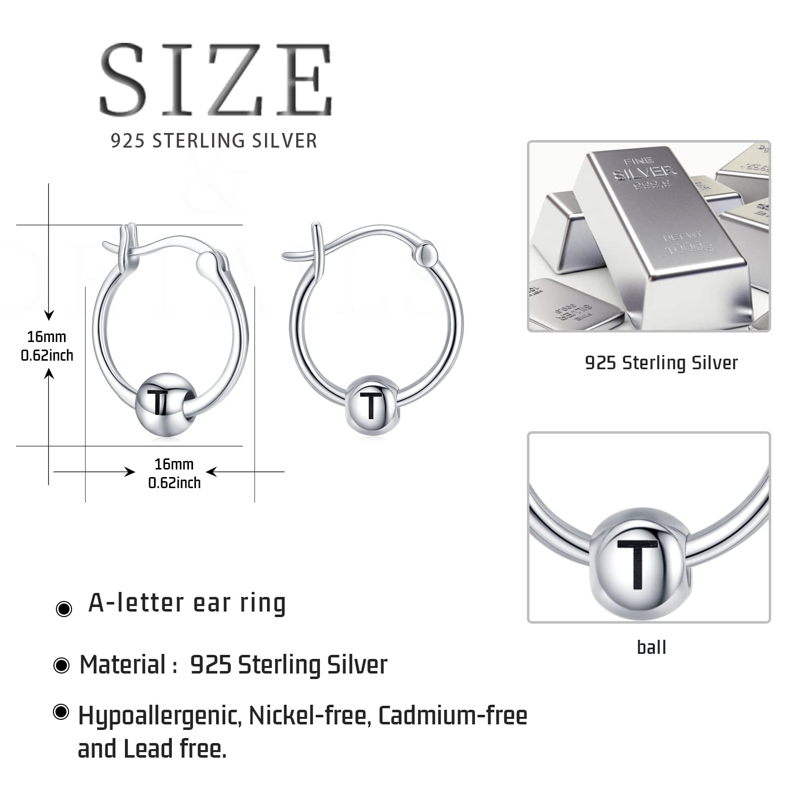 Personalized A-Z Initial Letter Earrings - 925 Sterling Silver Huggie Hoop Earrings with Bead Design | Hypoallergenic Jewelry Gift for Women | Perfect for Sensitive Ears, Everyday Wear, Birthdays & Special Occasions