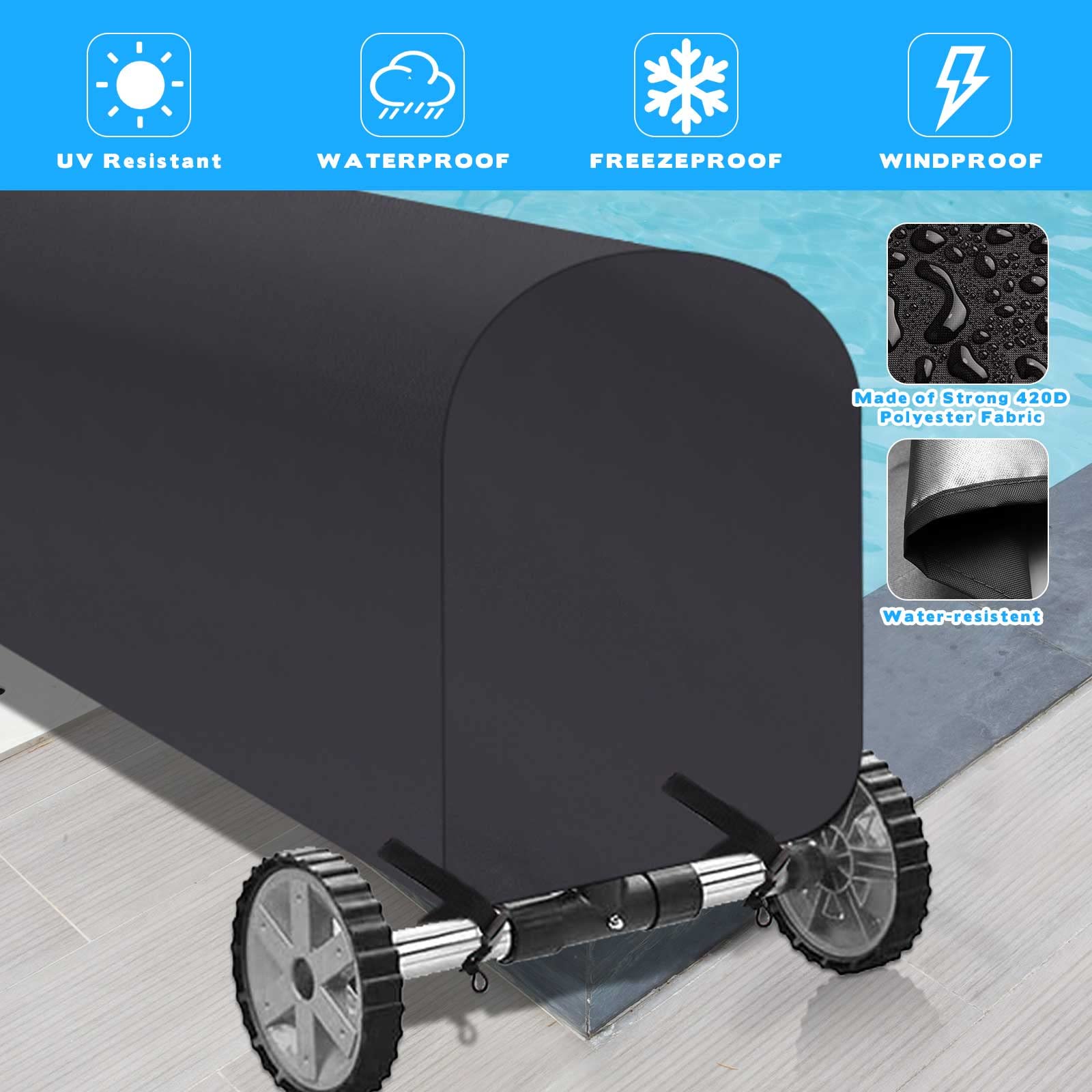 Heavy Duty 24ft Solar Pool Cover Reel - UV Resistant, Waterproof Inground Swimming Pool Blanket Roller for Easy Storage | Perfect for Backyard, Residential & Commercial Pools