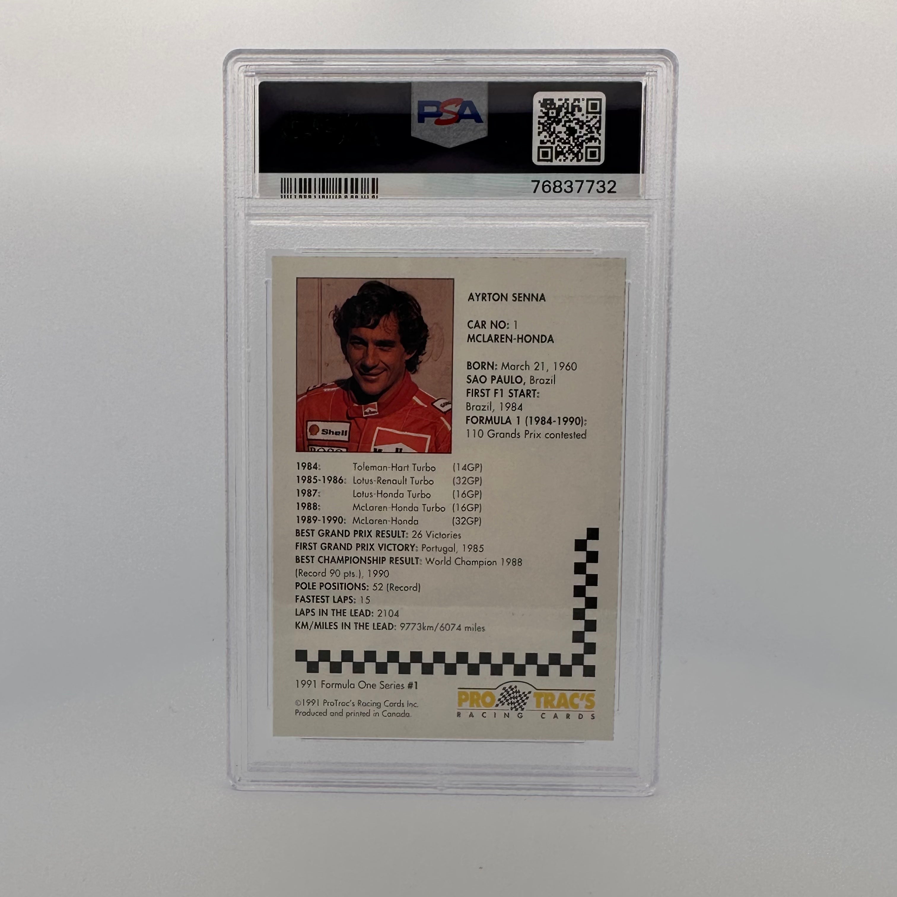 1991 ProTrac's Formula One 1 Ayrton Senna PSA 8 Graded Racing Card - Collectible Memorabilia for F1 Fans & Sports Card Enthusiasts
