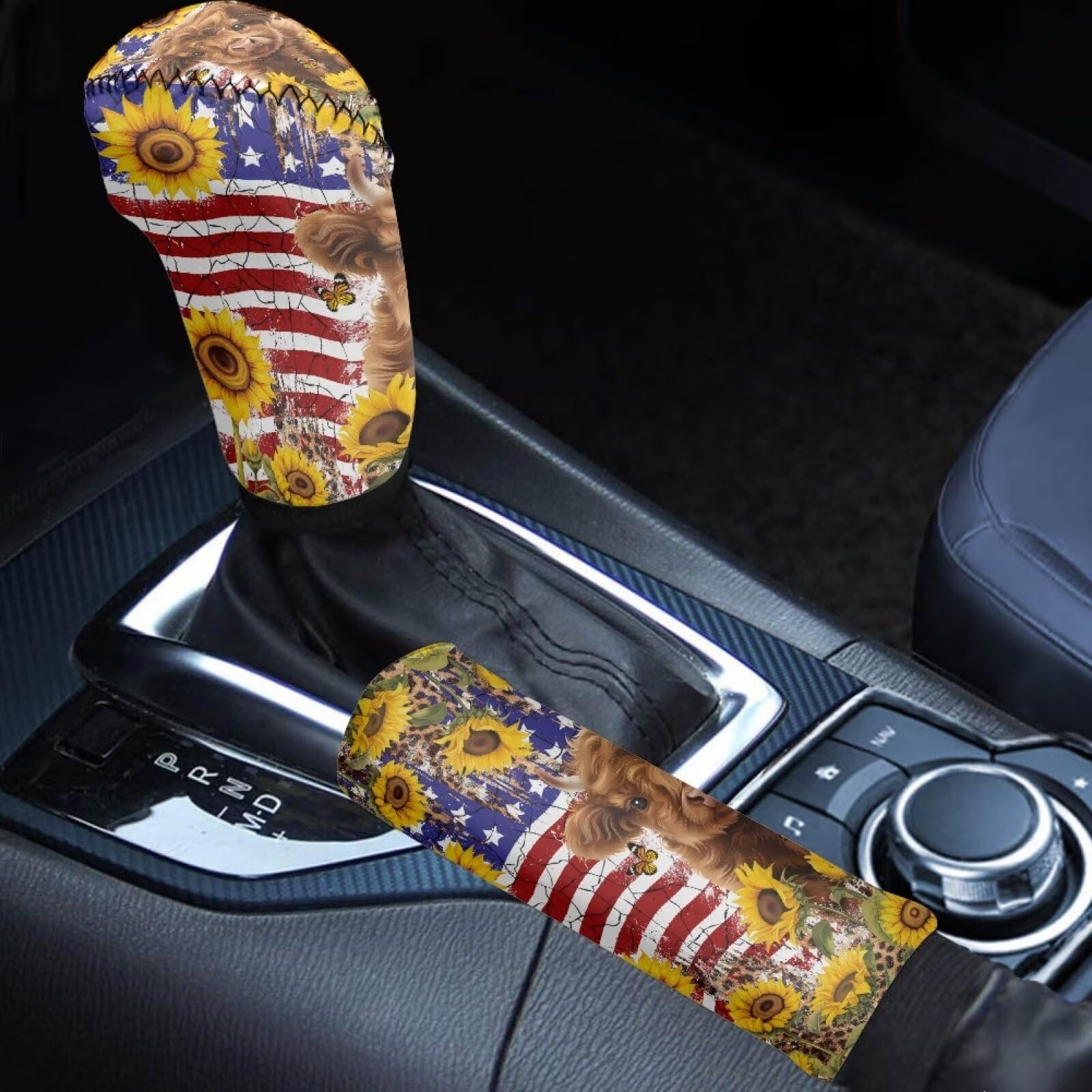 American Flag Car Interior Accessories - Buybai 2-Piece Stretchable Shift Knob Cover & Handbrake Cover Set | Easy Installation for Most Cars, SUVs, Sedans & Trucks | Perfect for Patriotic Drivers & 4th of July Decorations