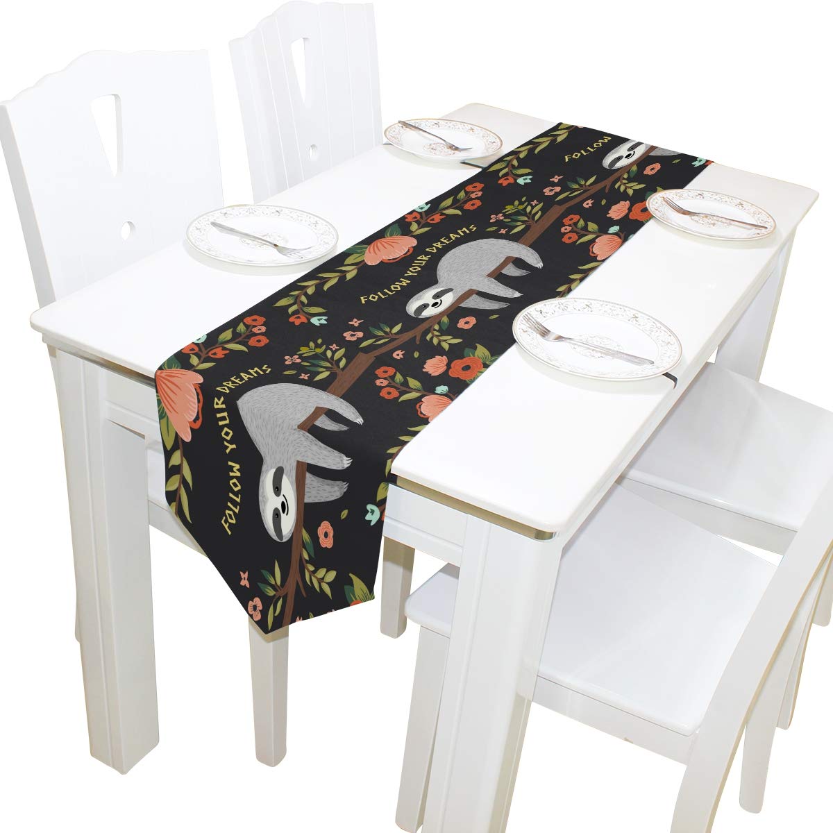 AUUXVA 13x90 Inches Long Table Runner - Cute Sloth & Flower Pattern Polyester Tablecloth for Dining Table, Kitchen, Coffee Table | Perfect for Home Decor, Parties, Banquets & Holiday Decorations