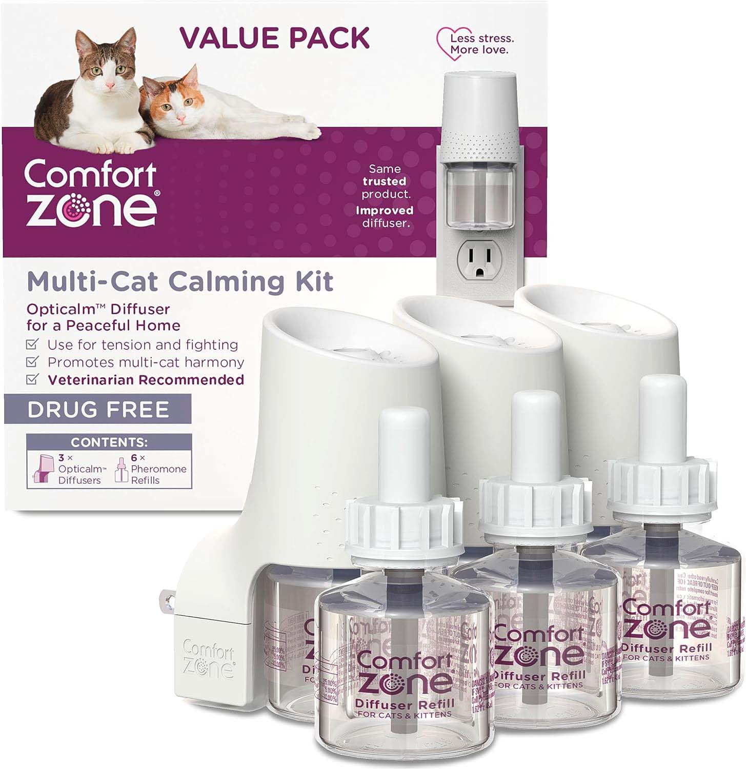 Comfort Zone MultiCat Calming Diffuser Kit with Cat Pheromones - 3 Diffusers & 6 Refills (48ml) | New Formula for Stress Relief | Perfect for Multi-Cat Homes & Anxiety Reduction