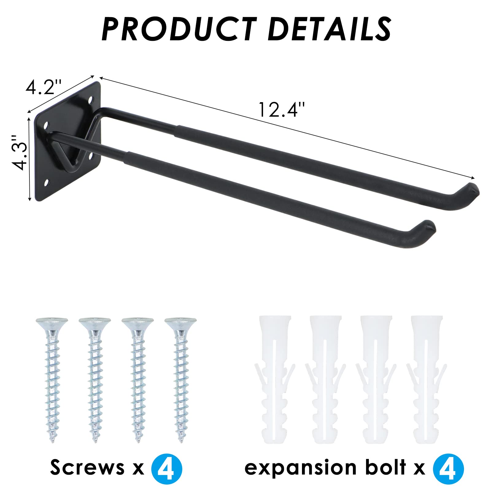 Heavy Duty Garage Storage Hooks 4 Pack - Steel Wall Mount Utility Hooks with Screws & Anchors for Tires, Ladders, Bikes, Chairs, Power & Garden Tools - Perfect for Garage, Shed, and Workshop Organization