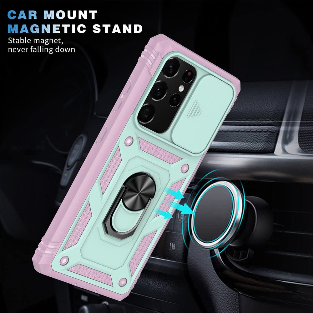 Samsung Galaxy S21 Ultra Phone Case with Stand & Slide Camera Protection - Shockproof Slim Cover for Galaxy S21 Ultra (Green/Pink) - Perfect for Work, Travel & Everyday Use