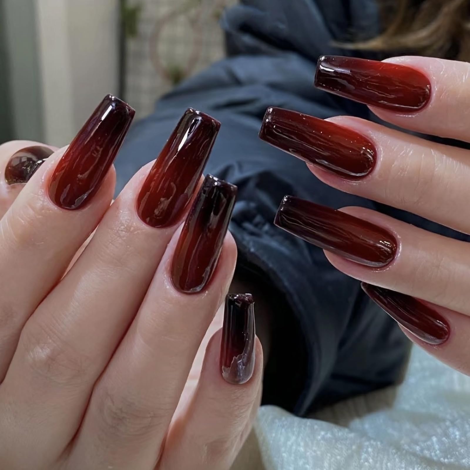 MISUD Long Coffin Press on Nails - 24pcs Ballet Ballerina Fake Nails with Glossy Finish, Goth Black Red Ombre Acrylic Nails for Women & Girls DIY | Vintage Nail Art Design for Parties, Halloween & Special Occasions
