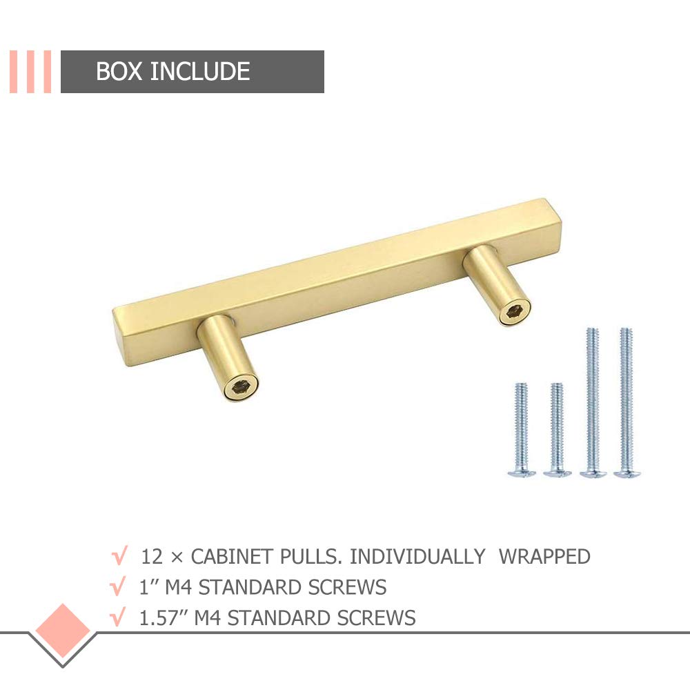LS1212GD76 Gold Square Cabinet Drawer Pulls - 3 Inch Hole Centers, Stainless Steel Kitchen Cabinet Handles for Closet, Cupboard & Drawers (Pack of 12) - Perfect for Modern Kitchens, Bathrooms & Office Furniture