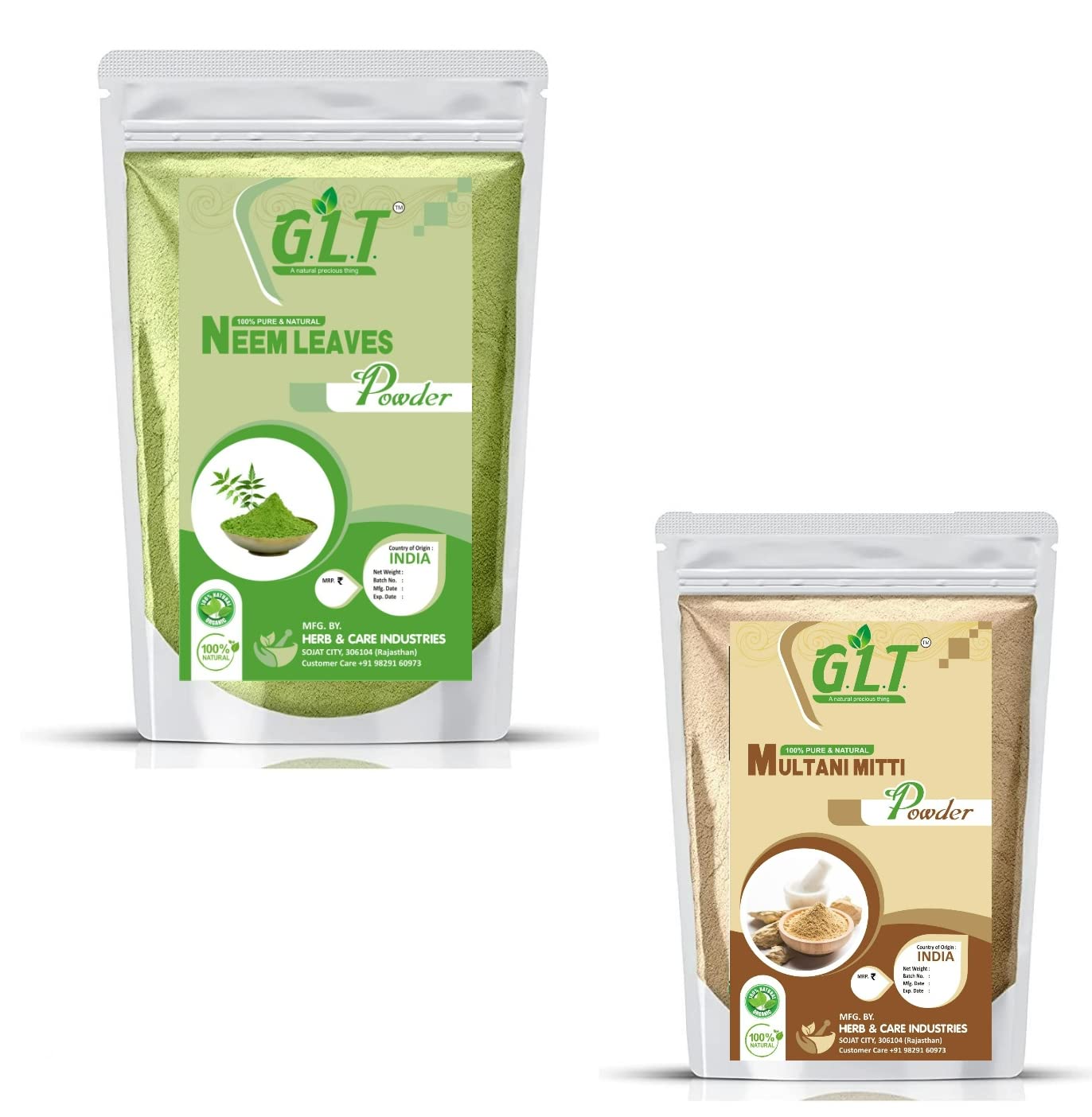 G.L.T. Neem & Multani Mitti Powder - 100% Natural Hair & Face Pack Combo (50g x 2) for Deep Cleansing & Oil Control | Perfect for Acne Treatment & Hair Growth | Ideal for Spa Days & At-Home Beauty Routines