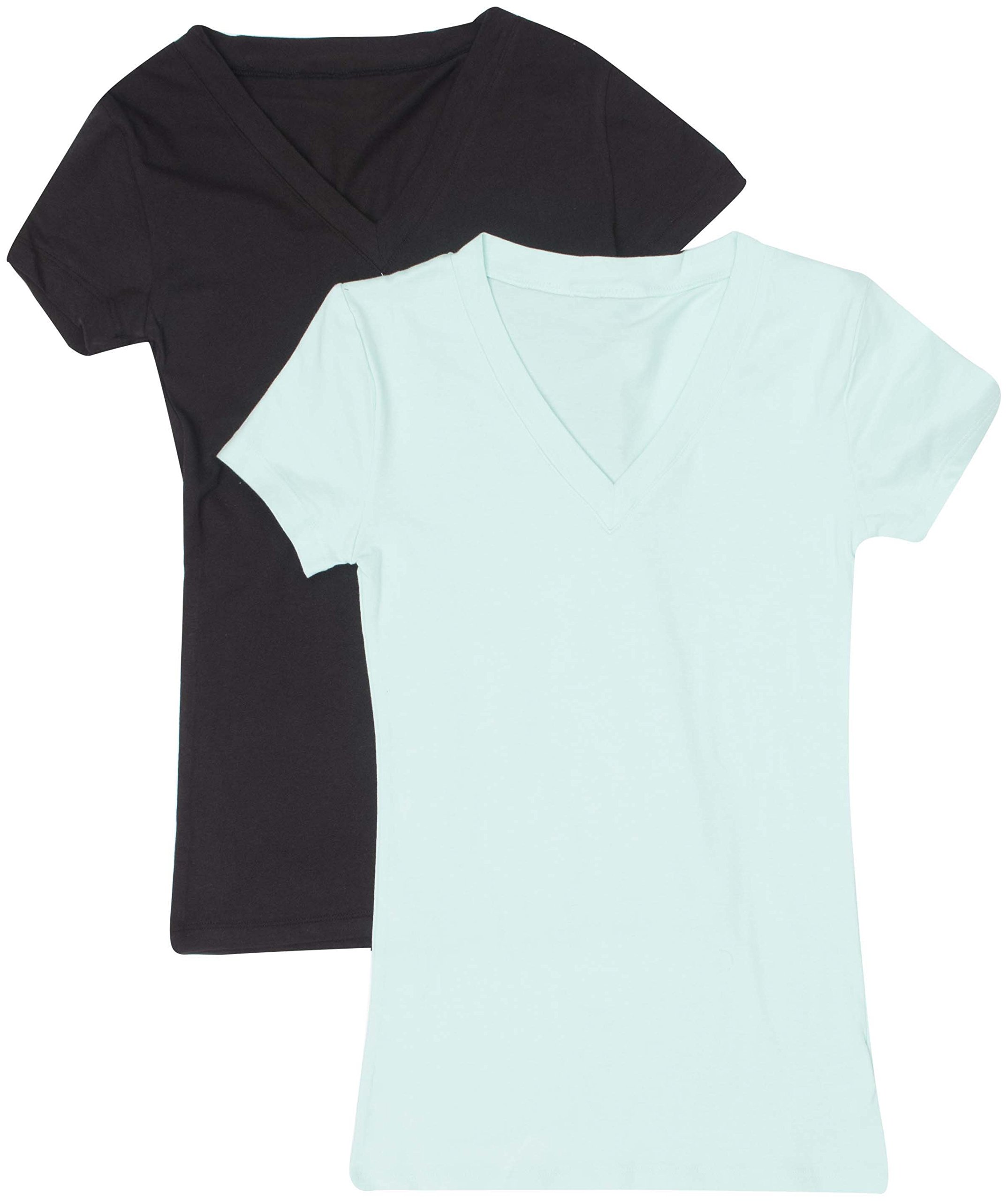 2 Pack Zenana Women's Basic V-Neck T-Shirts - Soft Cotton Casual Tees for Everyday Wear, Work & Lounge Outfits
